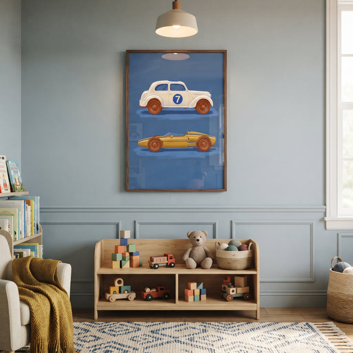 Wooden toy shelf and number seven white car wall art in a blue nursery with a cozy armchair and geometric rug.