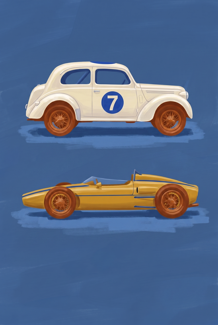Number seven white car wall art with two vintage racers, one white and one yellow, against a blue textured background.