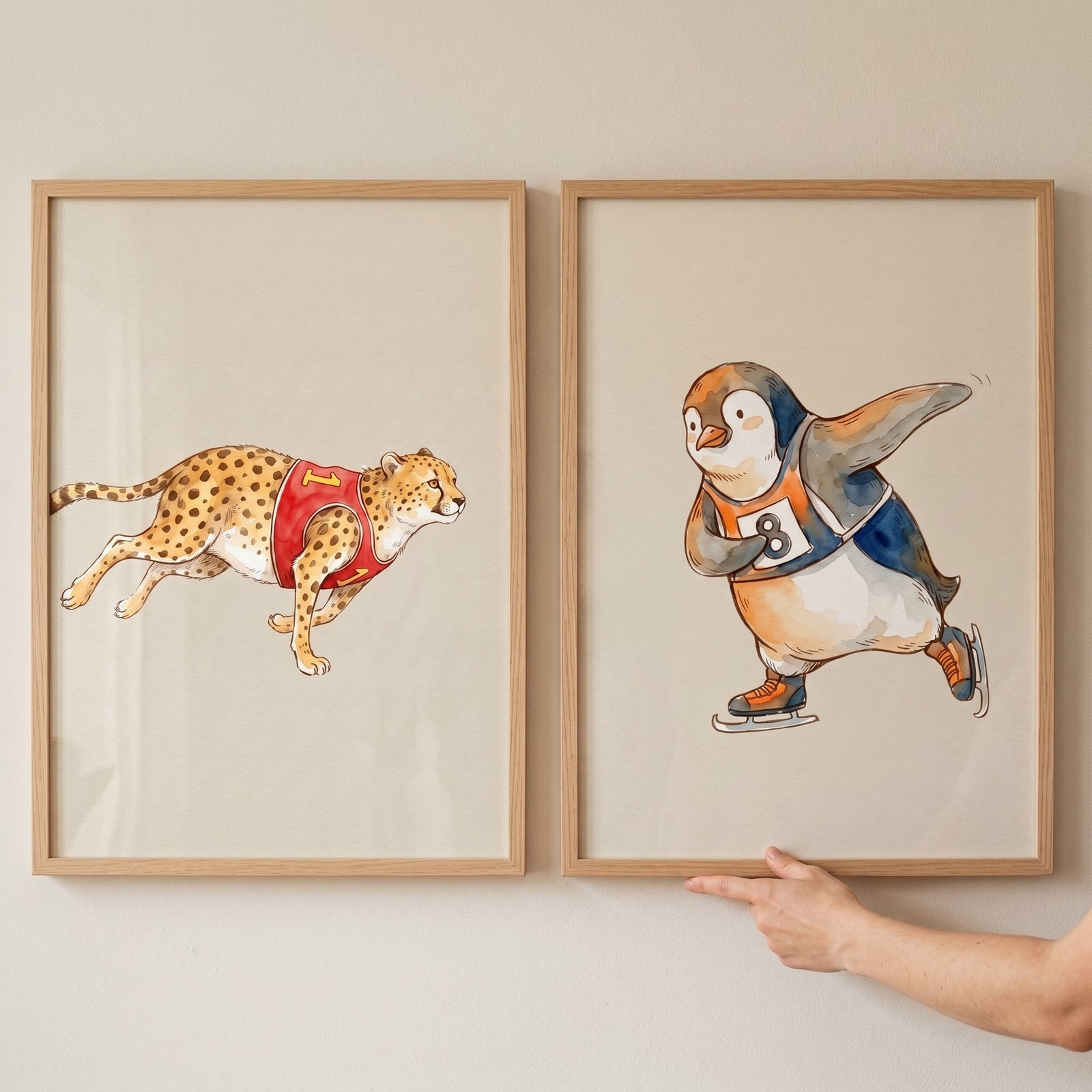 Numbered vest athletic animal wall art set of 2 featuring a running cheetah and ice skating penguin in wooden frames.
