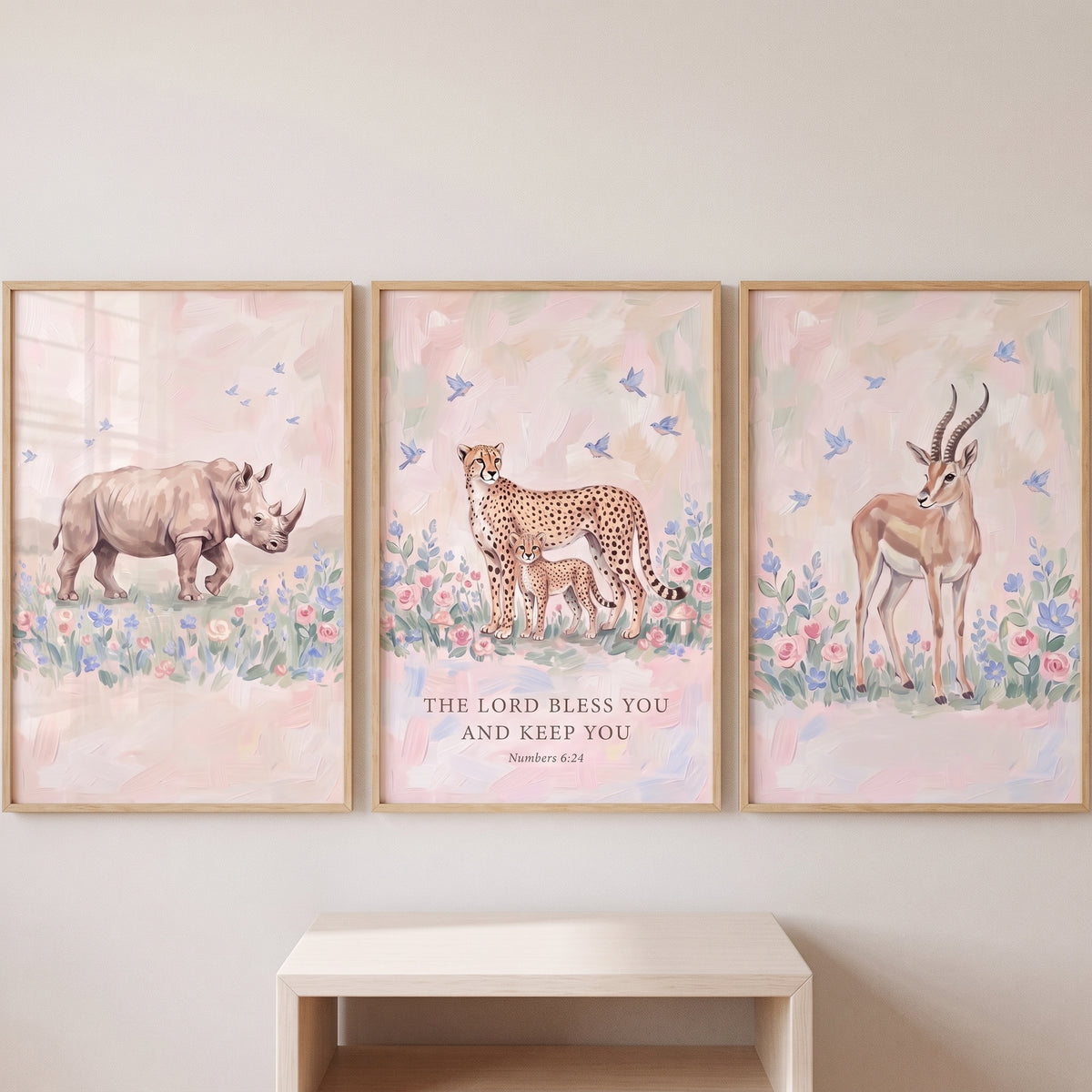 Watercolor rhino, cheetah with cub, and gazelle art. Numbers blessing safari animals print set of 3.