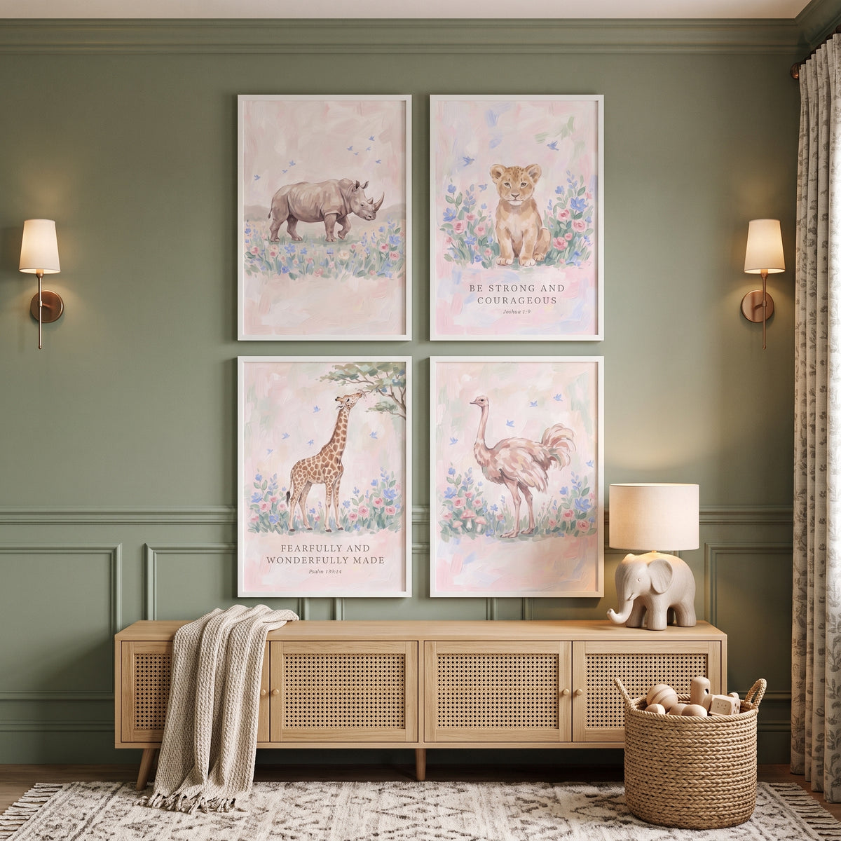 Nursery Blush Safari Animals Wall Art Set Of 4 - Safari Grace Art