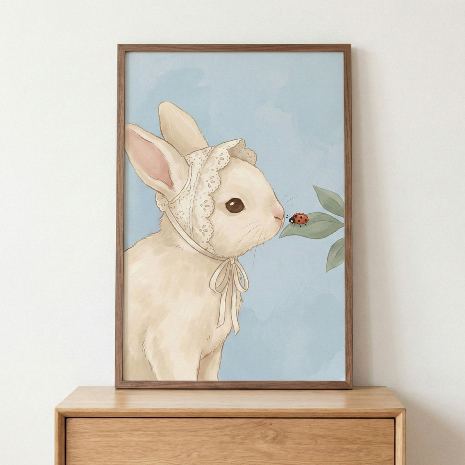 A framed illustration of a soft, cream-colored rabbit wearing a delicate white lace bonnet tied with a bow. The rabbit is looking gently at a small red ladybug perched on a green leaf. The artwork has a whimsical, watercolor-style aesthetic with a pale blue background. It is housed in a simple wooden frame, resting on a light-colored wooden dresser against a plain white wall.