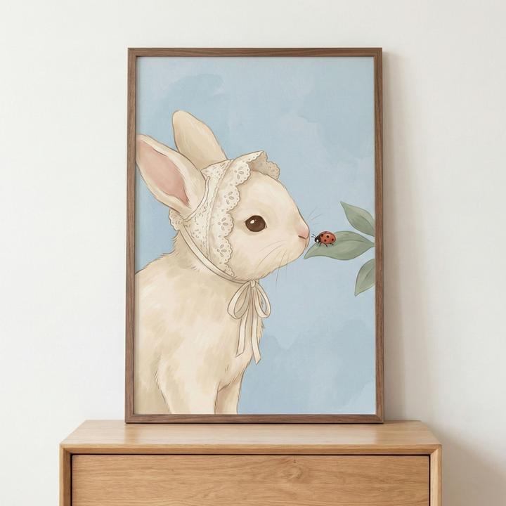 A framed illustration of a soft, cream-colored rabbit wearing a delicate white lace bonnet tied with a bow. The rabbit is looking gently at a small red ladybug perched on a green leaf. The artwork has a whimsical, watercolor-style aesthetic with a pale blue background. It is housed in a simple wooden frame, resting on a light-colored wooden dresser against a plain white wall.