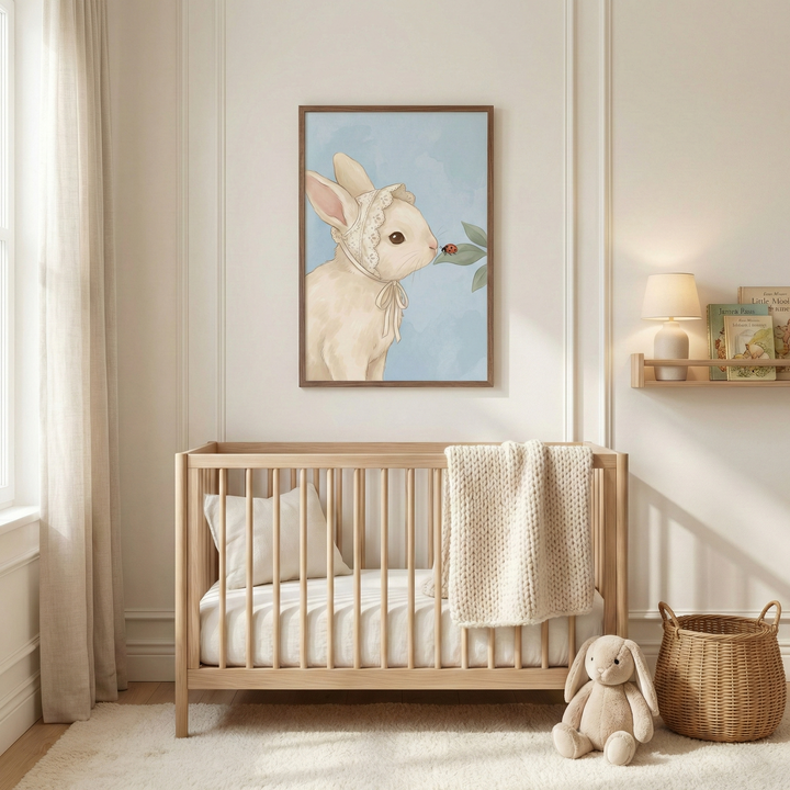 A peaceful nursery with neutral-toned walls and classic molding. A light-colored wooden crib is positioned below a framed illustration of a soft rabbit wearing a ruffled bonnet, looking at a ladybug on a green leaf. The crib is dressed with white linens and a cream-colored chunky knit throw. On the plush white rug sits a stuffed rabbit toy next to a woven wicker basket. To the left, sheer curtains filter natural light, and on the right, a small shelf holds a lamp and several books.