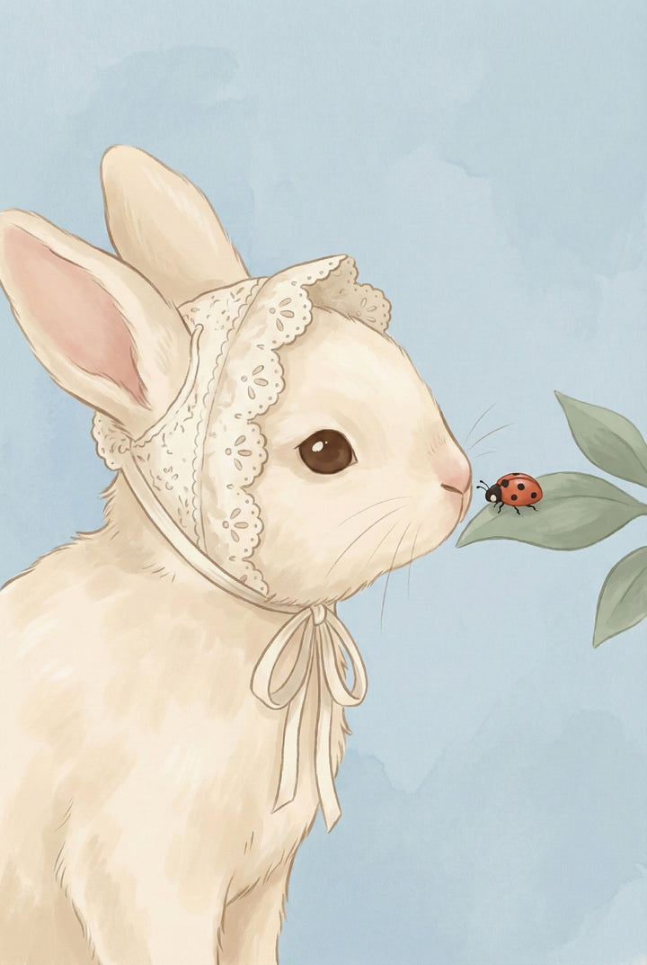 Close up illustration of a cream colored bunny wearing a delicate lace bonnet tied under its chin. The bunny gazes at a small red ladybug resting on a green leaf against a soft blue background. The gentle interaction highlights a quiet curious moment.
