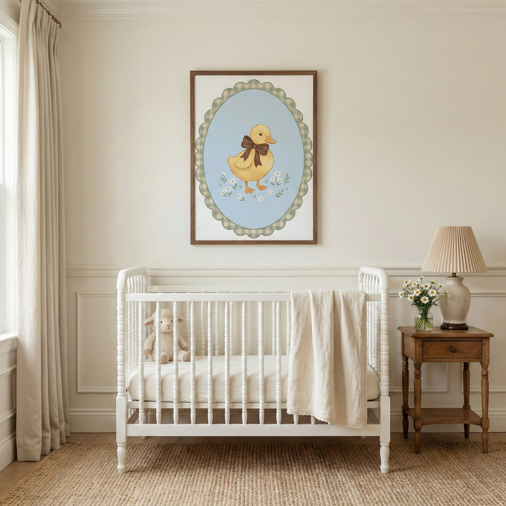 A peaceful and elegant nursery features a white wooden spindle-style crib positioned against an off-white wall with traditional molding. Inside the crib sits a soft plush lamb, and a cream-colored textile is draped over one side. Centered above the crib is a dark wood frame containing a charming illustration of a yellow duckling adorned with a brown bow. The duckling is surrounded by tiny white flowers on a light blue oval background, bordered by a decorative scalloped pattern in sage green.