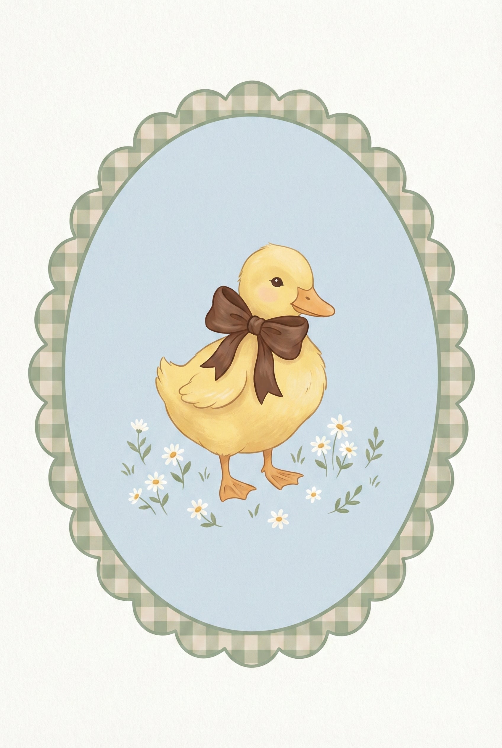 Vintage style oval framed illustration of a duckling with a brown bow standing among small white flowers. The scalloped border features a soft green gingham pattern around a pale blue background.

