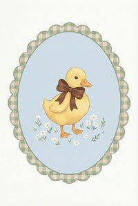 Vintage style oval framed illustration of a duckling with a brown bow standing among small white flowers. The scalloped border features a soft green gingham pattern around a pale blue background.

