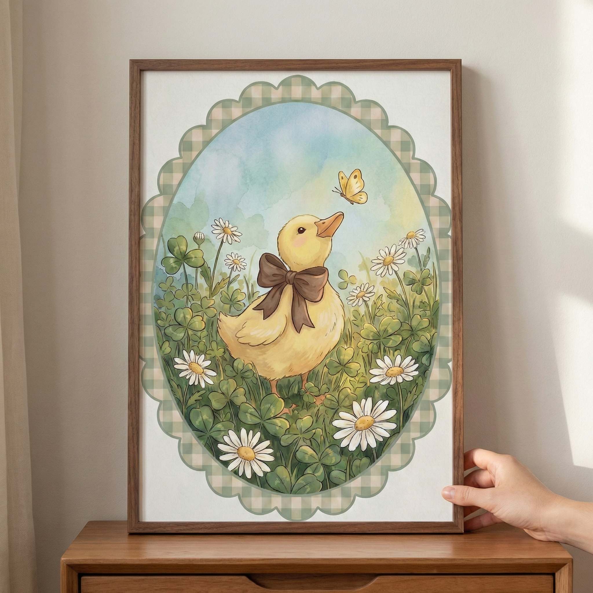 A framed whimsical illustration sits on a wooden surface, held by a hand at the corner. The artwork is set within a scalloped oval border with a green gingham pattern. It depicts a sweet yellow duckling wearing a brown bow, looking up at a small yellow butterfly. The duckling stands in a field of green clovers and white daisies under a soft, blue watercolor-wash sky.
