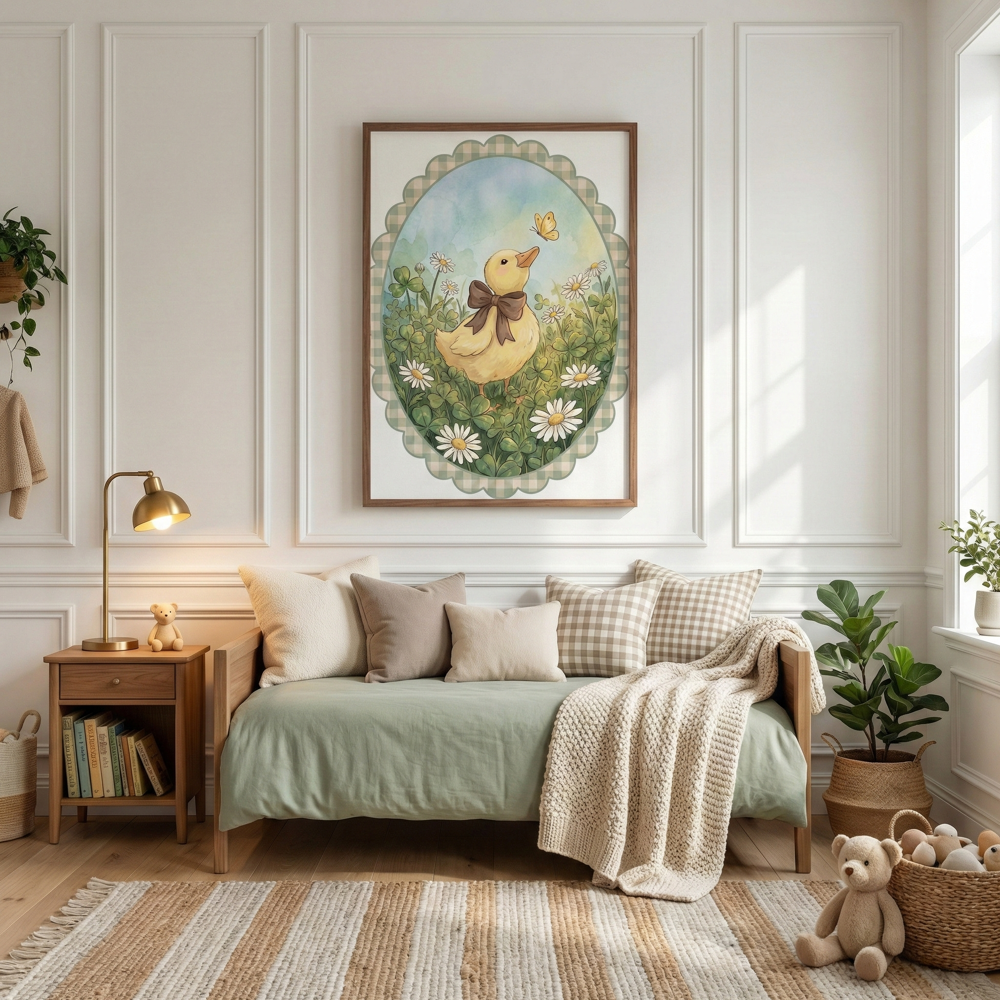 A cozy, neutrally-toned child's bedroom features a framed illustration centered on a white paneled wall. The artwork depicts a cute yellow duckling with a brown bow looking up at a butterfly in a field of daisies and clover. Below, a wooden daybed is styled with a sage green coverlet, cream and checkered pillows, and a chunky knit throw. A wooden nightstand with a brass lamp sits to the left, while a leafy plant, a teddy bear, and a basket of toys complete the serene space.