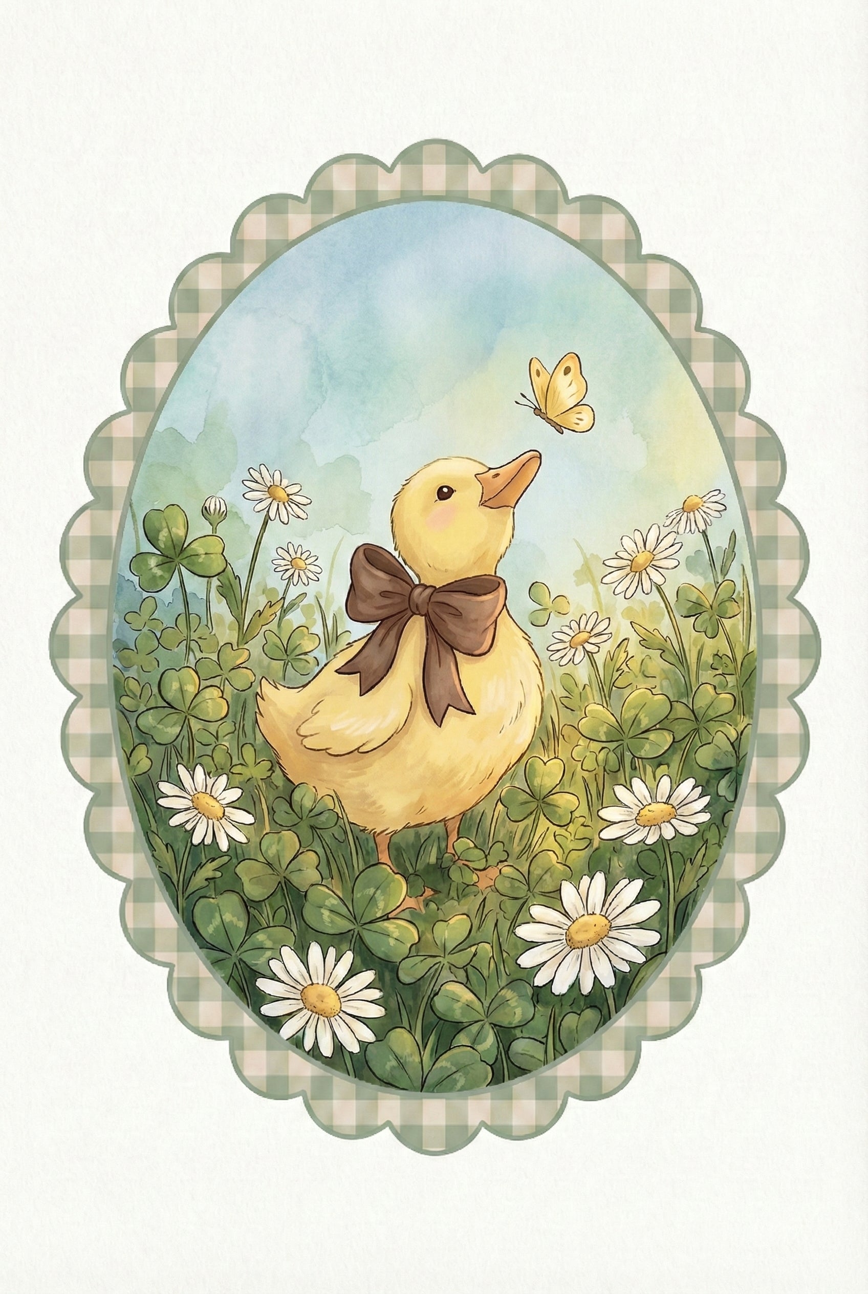 Oval framed watercolor of a duckling wearing a brown bow standing in clover and daisies while a small yellow butterfly hovers above its beak. The soft blue and green background gives the scene a gentle storybook feel.
