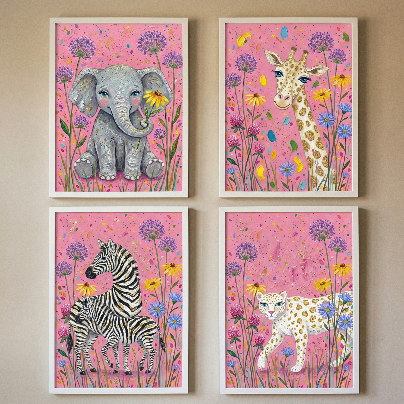 Four framed animal paintings hang in a two by two grid on a beige wall. The artwork shows a baby elephant, a giraffe, two zebras, and a spotted big cat surrounded by colorful flowers against bright pink backgrounds.