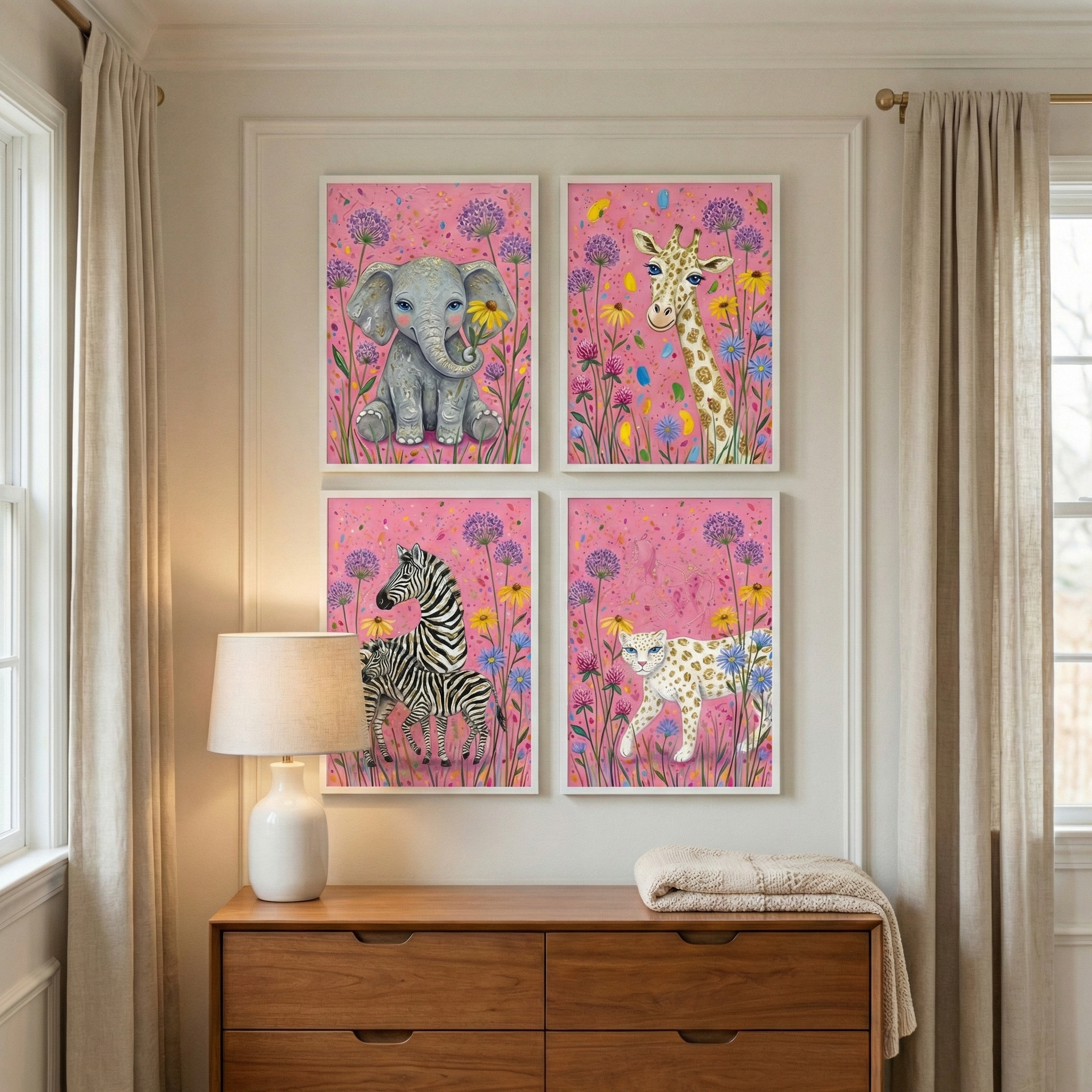 Pink Floral Safari Animal Nursery Wall Art Set of 4
