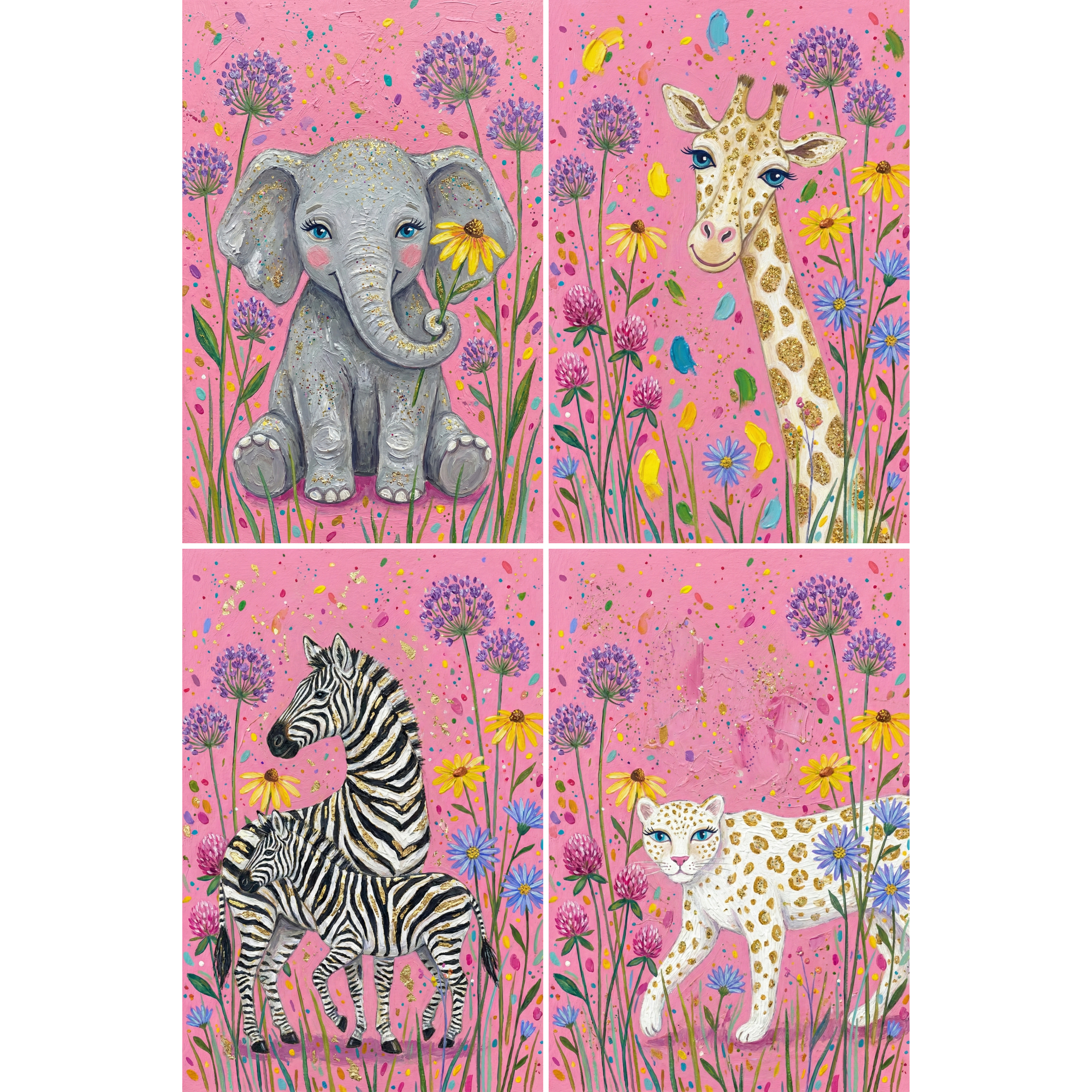 Pink Floral Safari Animal Nursery Wall Art Set of 4