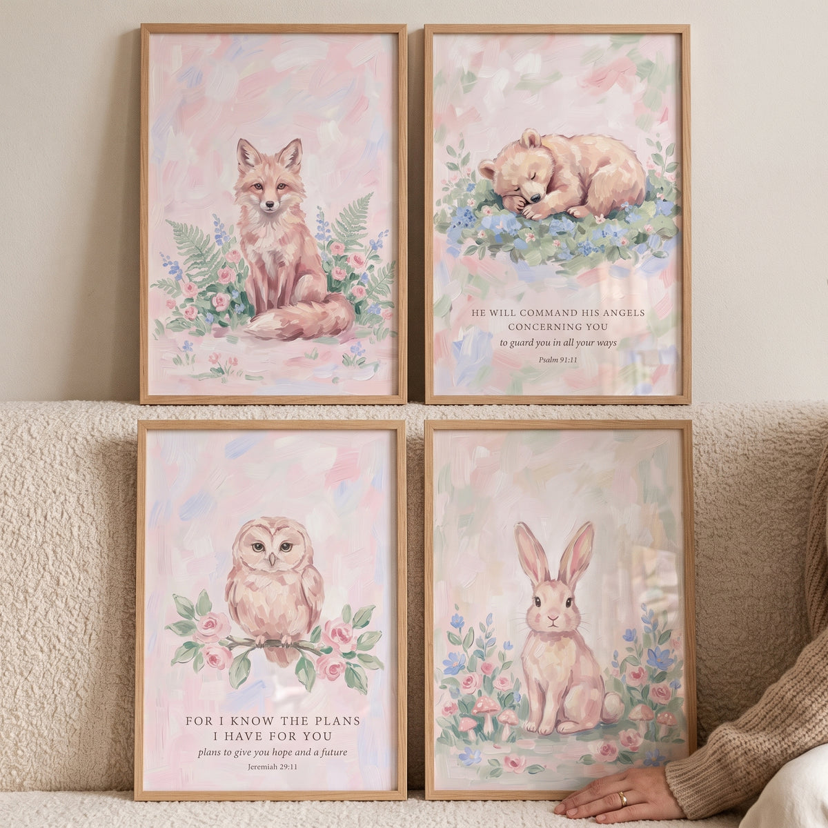 Nursery Floral Woodland Animals Wall Art Set of 4 - Sacred Woodland Friends
