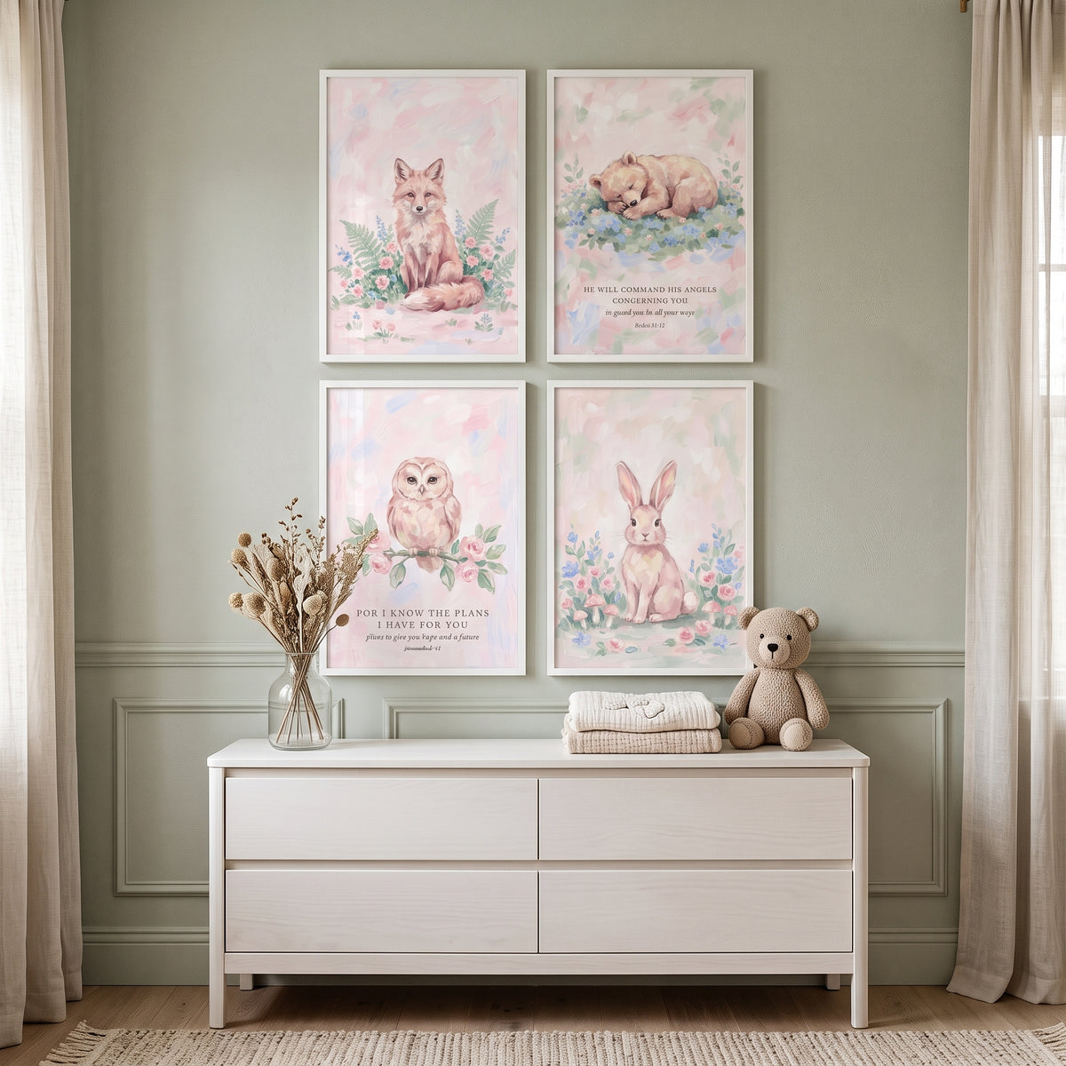 Nursery Floral Woodland Animals Wall Art Set of 4 - Sacred Woodland Friends