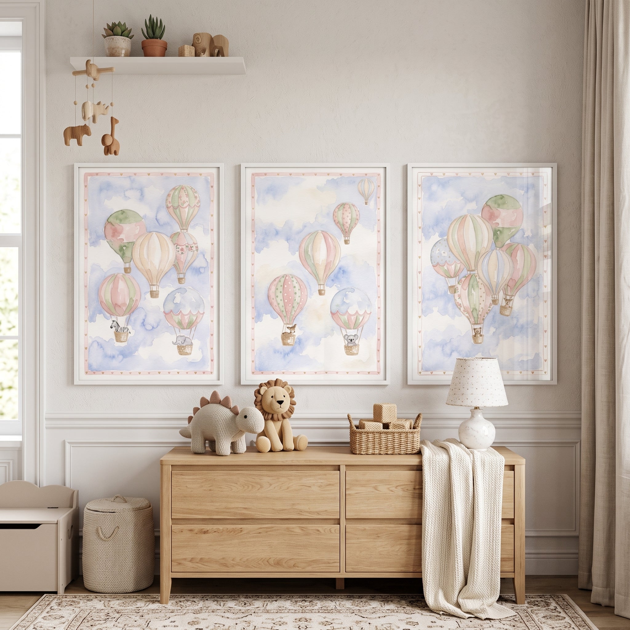 Nursery Hot Air Balloon Wall Art Set Of 3 - Floating Forest Friends