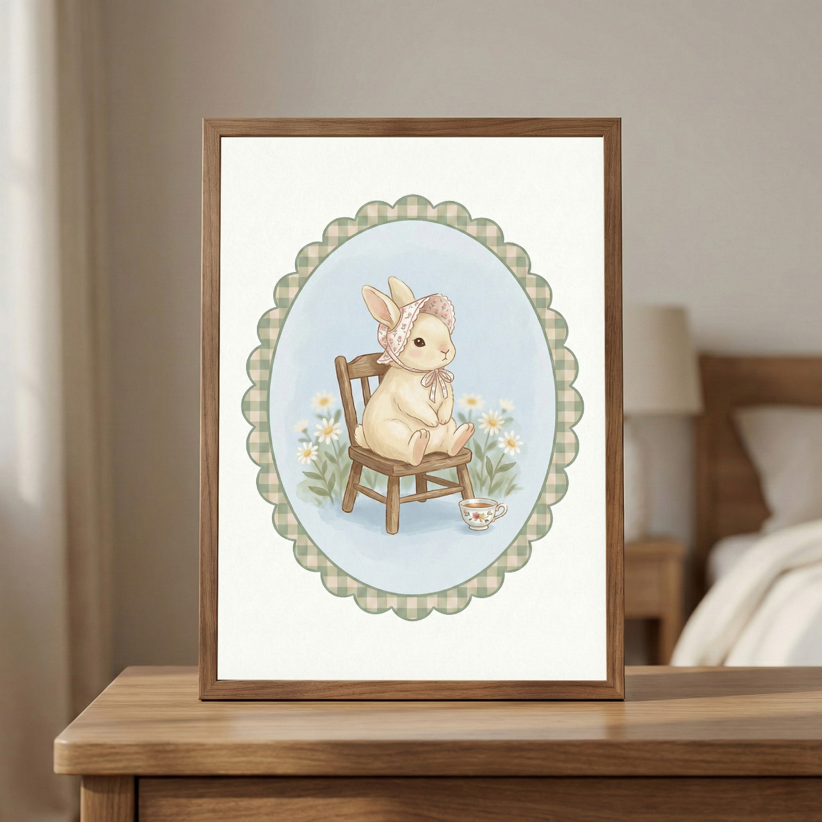 A framed illustration of a small, cream-colored rabbit sits on a wooden table. Inside the frame, the rabbit wears a soft pink bonnet and is perched on a tiny wooden chair. A small teacup sits on the ground nearby, surrounded by delicate white daisies. The scene is set against a light blue oval background with a green and white checkered scalloped border. The artwork is in a simple wood frame, with a softly blurred bedroom in the background.
