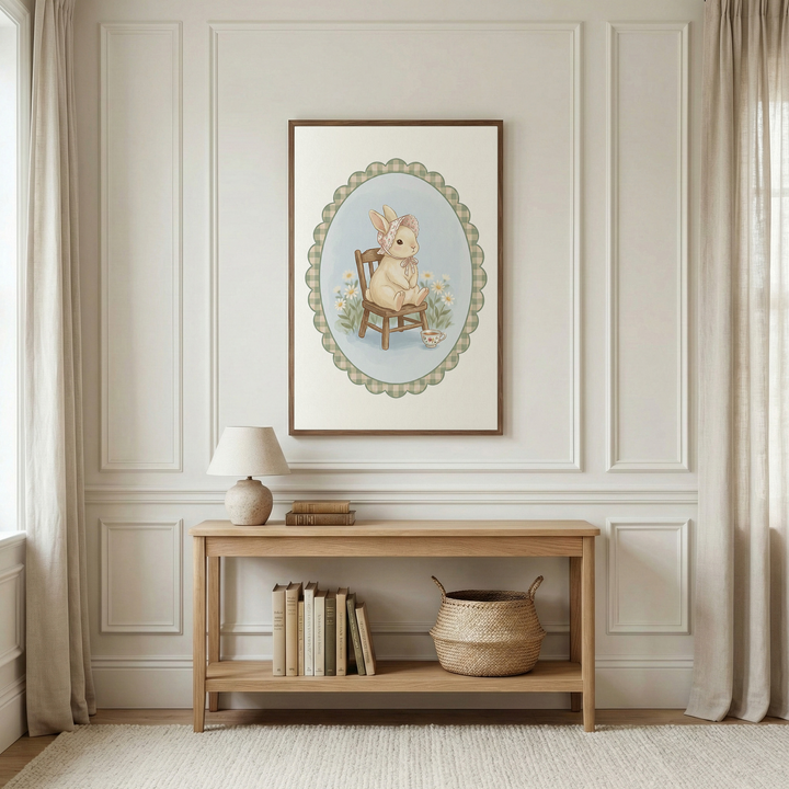 A framed piece of artwork hangs centered on a light-colored, paneled wall. The illustration within the frame depicts a soft, light-tan rabbit wearing a small pink bonnet. The rabbit is sitting upright on a miniature dark wooden chair, surrounded by small white and yellow flowers. This central scene is set against a light blue circular backdrop, all contained within a scalloped oval border that features a light green checkered pattern. The entire artwork is housed in a simple, rectangular dark wood frame.

