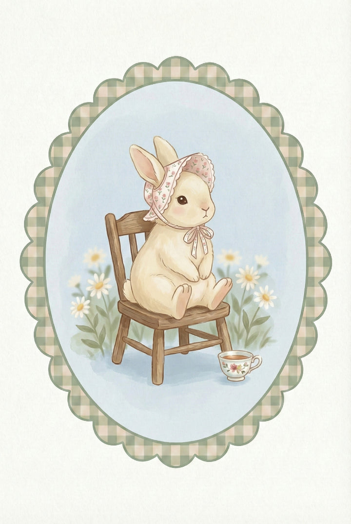 Vintage style oval framed illustration of a cream colored bunny sitting upright on a wooden chair, wearing a pink floral bonnet tied under the chin. White daisies bloom behind the chair and a delicate teacup with a small pink rose design rests on the floor beside it against a soft blue background.

