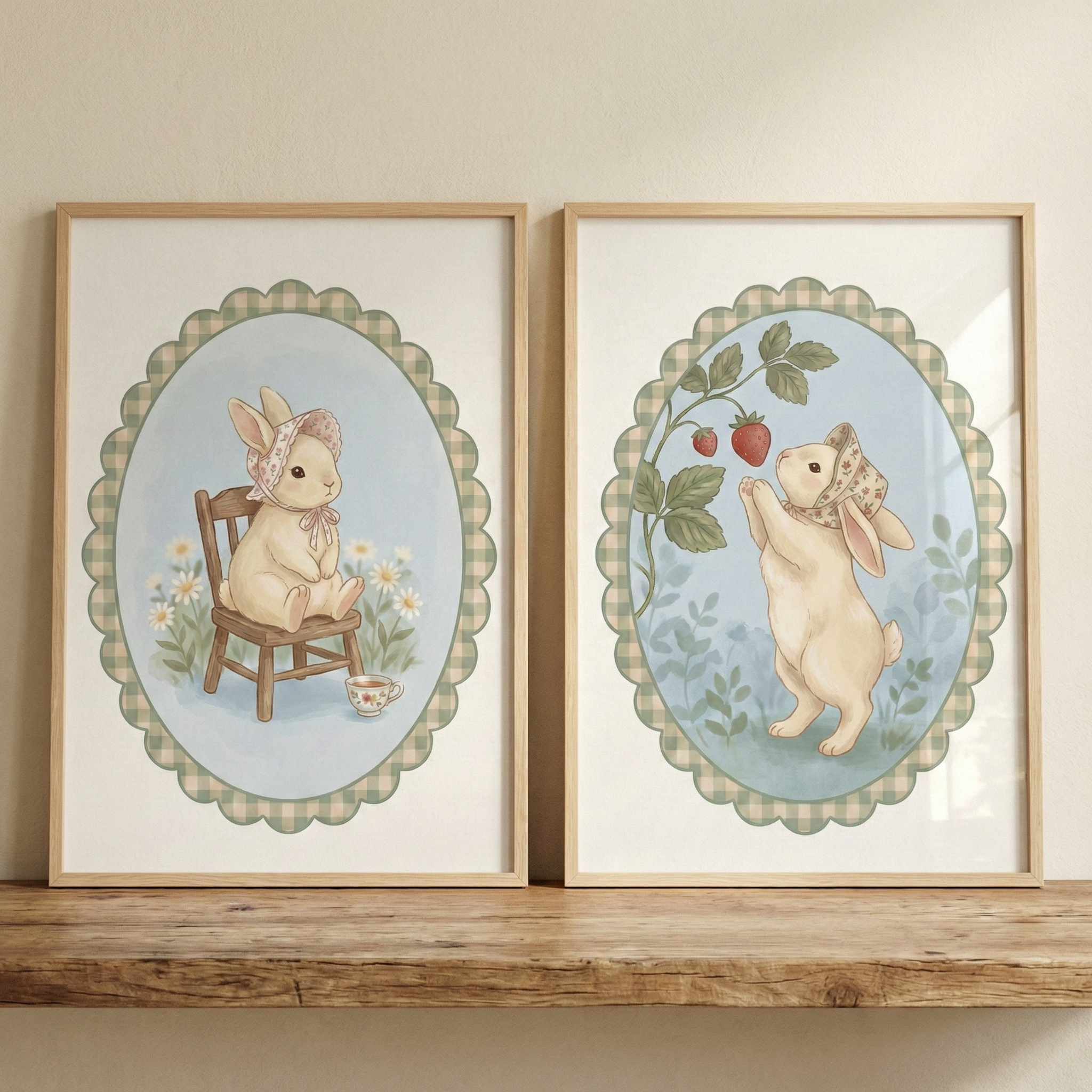 Two framed illustrations of a small beige rabbit rest on a wooden shelf against a neutral wall. Each artwork features a rabbit in a floral bonnet within a scalloped, checkered oval border. On the left, the rabbit sits on a tiny wooden chair with a teacup and daisies nearby. On the right, the rabbit stands on its hind legs to reach a red strawberry on a vine. The soft, gentle style uses a palette of light blue, green, and cream.