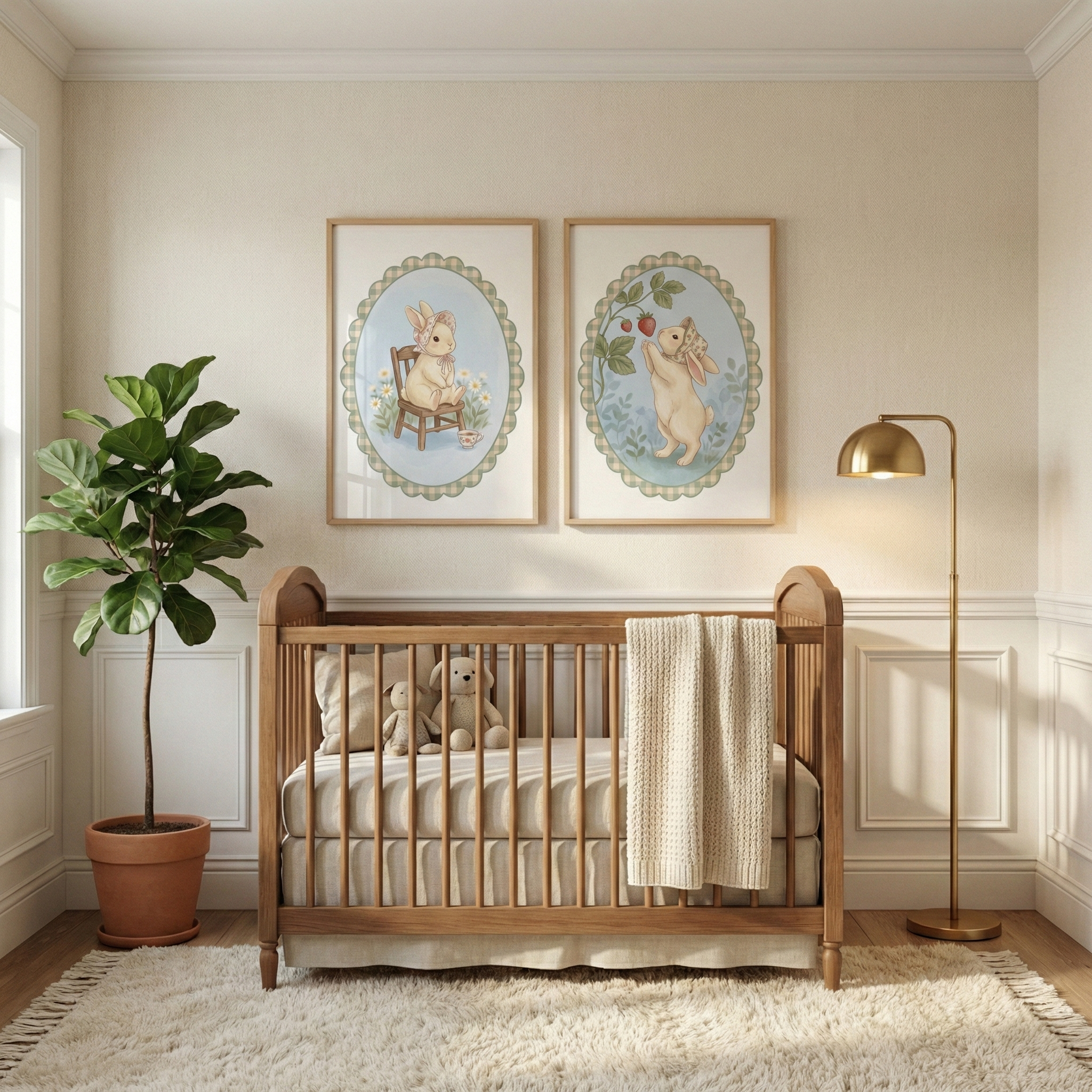 A cozy nursery features a wooden crib centered against a neutral wall with two framed art prints hanging above. The prints show cute illustrated rabbits in a soft, classic style within oval borders. To the left is a tall green plant in a terracotta pot, and to the right is a gold-finished floor lamp. A cream-colored knit blanket is draped over the crib rail, and two small plush toys sit inside. A soft, textured rug is spread across the floor.