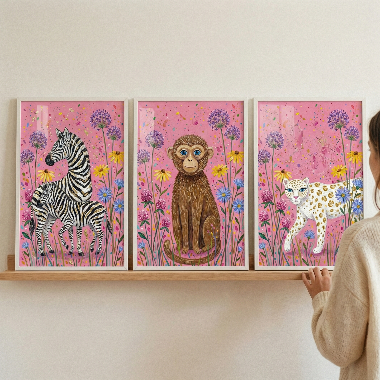 Three framed illustrations sit on a wooden wall shelf. Each print features an animal on a pink background filled with colorful wildflowers. The left frame shows a zebra with its foal. The middle frame features a brown monkey sitting and facing forward. The right frame depicts a white leopard with golden spots. A person wearing a cream-colored sweater is partially visible on the right, reaching out to touch the side of the leopard frame.