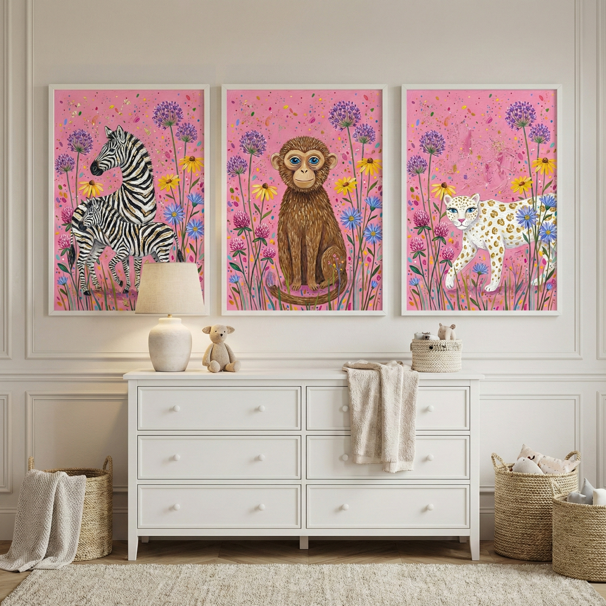 Nursery Safari Animals Wall Art Set of 3 - Pink Safari Friends
