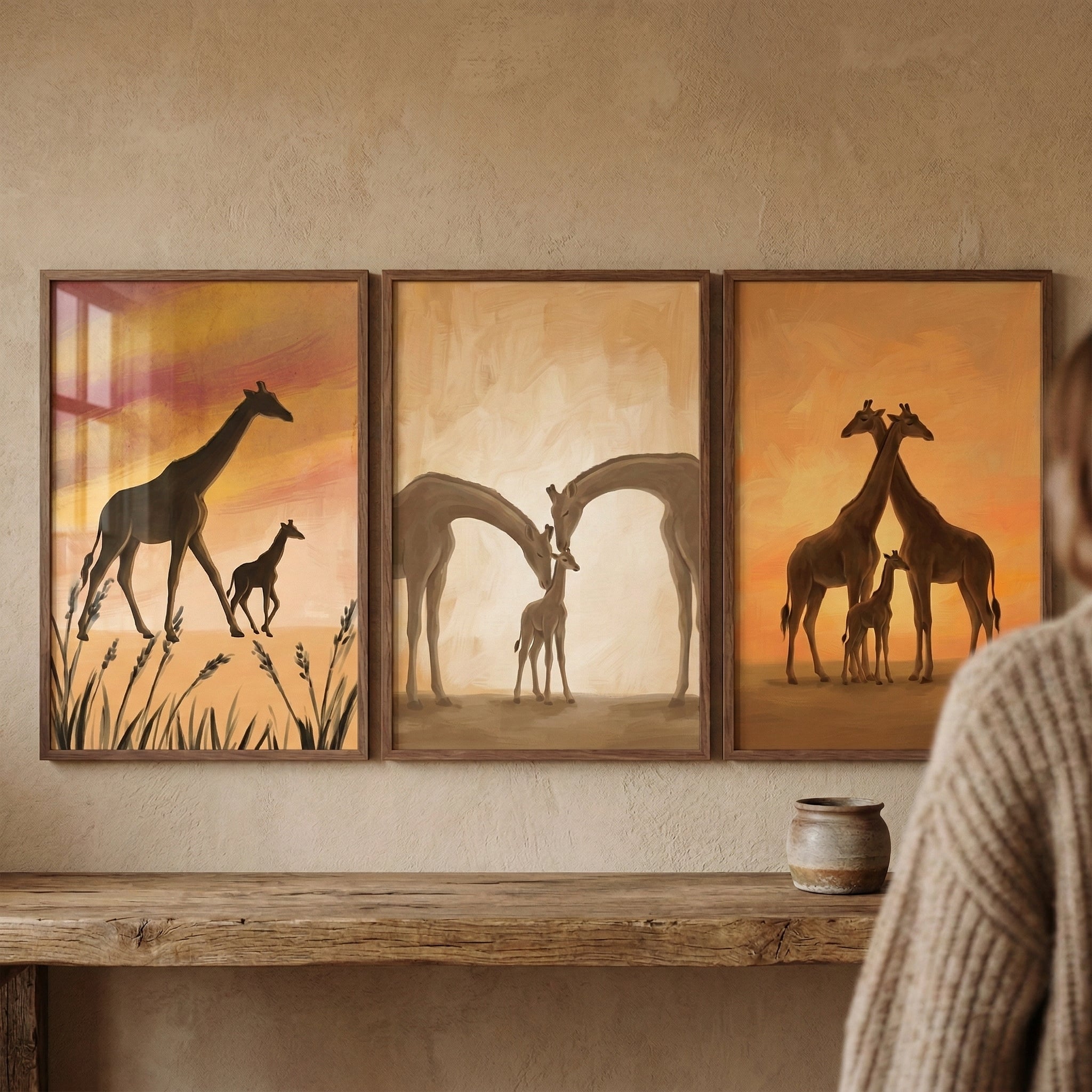 Giraffe Artwork Wall Art Set of 3 - Sunset Safari Silhouettes
