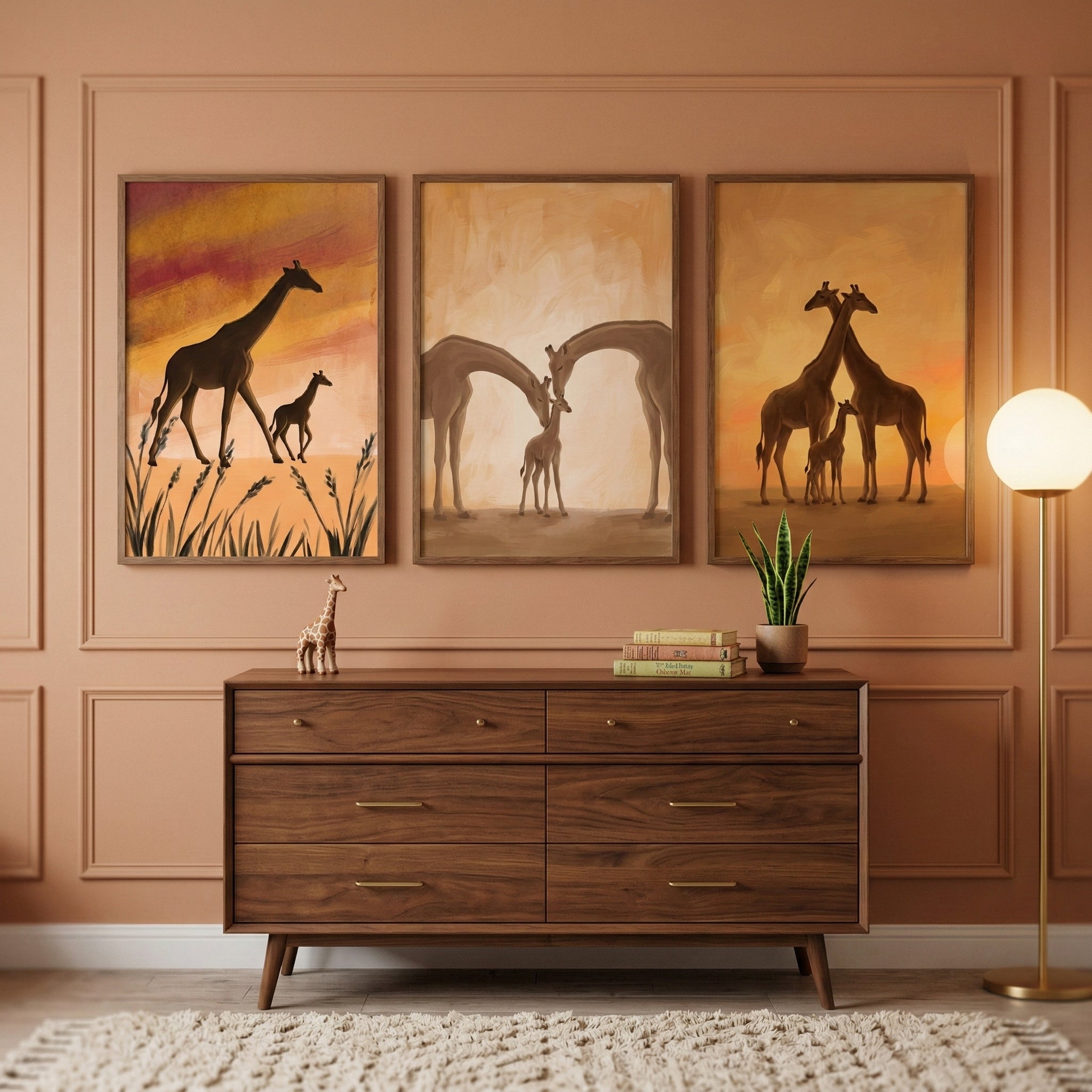 Giraffe Artwork Wall Art Set of 3 - Sunset Safari Silhouettes