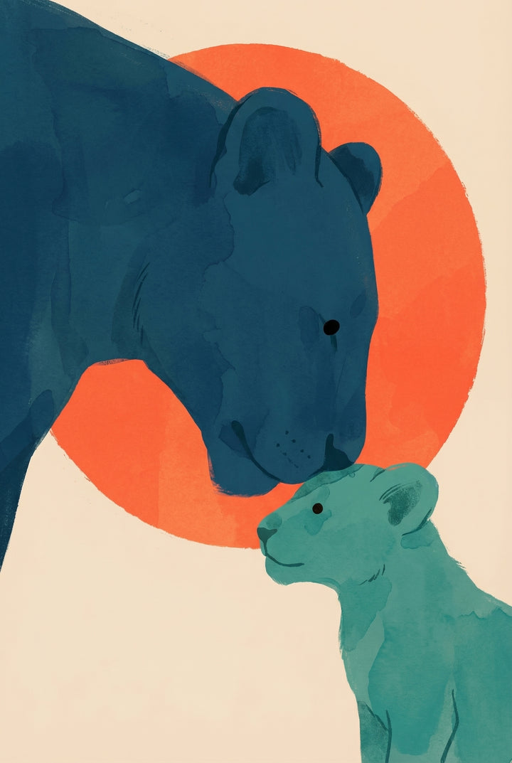A stylized illustration shows an adult big cat and its cub in profile. The larger cat, in a dark teal-blue hue, gently nuzzles the forehead of its smaller turquoise-colored cub. Both animals are rendered with watercolor-like textures and soft edges. Behind their heads, a large, vibrant orange circle stands out against a simple off-white background, creating a peaceful and affectionate scene.