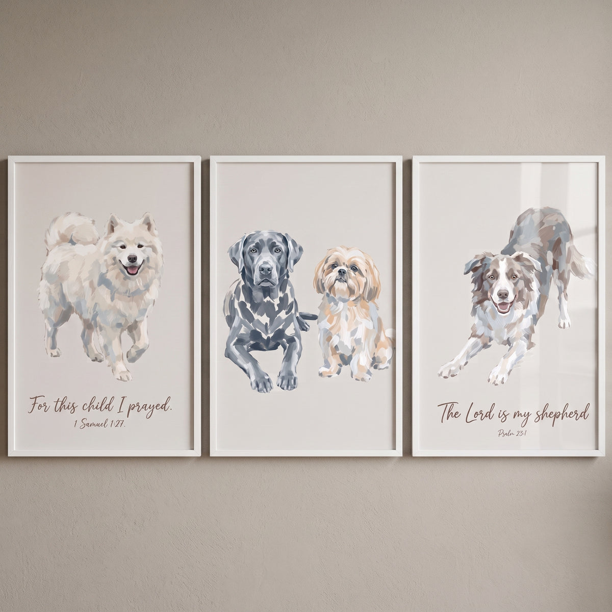 Watercolor dog illustrations on oatmeal minimalist dog wall art set of 3 with Bible verses in white frames.