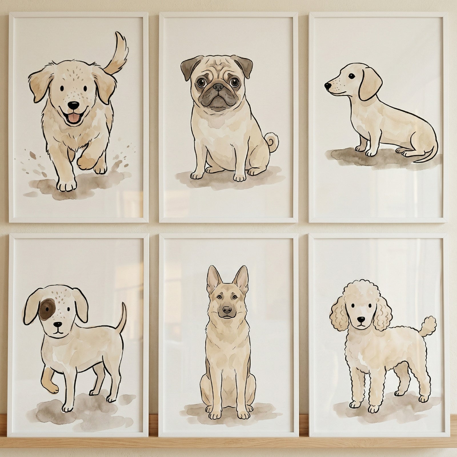This image features a collection of six framed illustrations of various dog breeds, arranged in a two-by-three grid on a light wooden shelf. The artwork is characterized by a minimalist, hand-drawn style with a soft, watercolor-like appearance, using a neutral color palette of cream, tan, and light brown.
