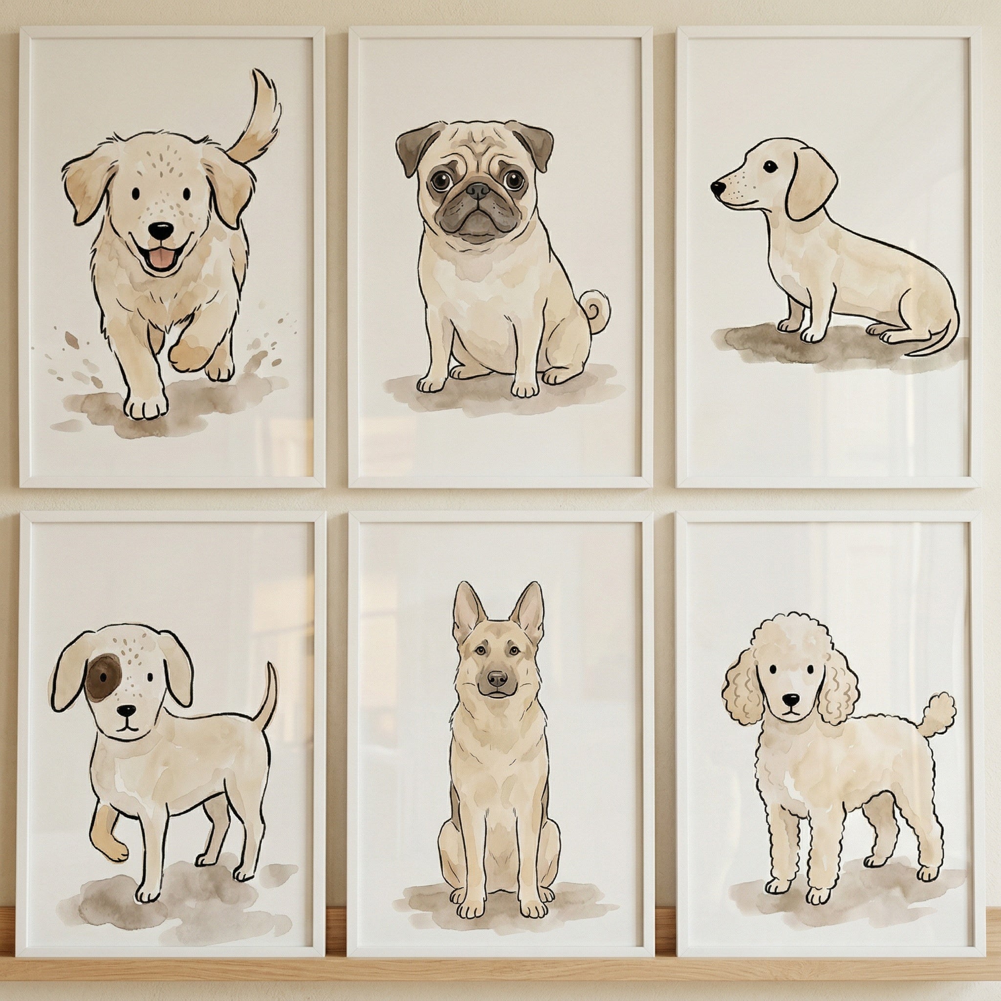 Oatmeal Watercolor Puppy Wall Art Set of 6 - Cute Puppy Collection
