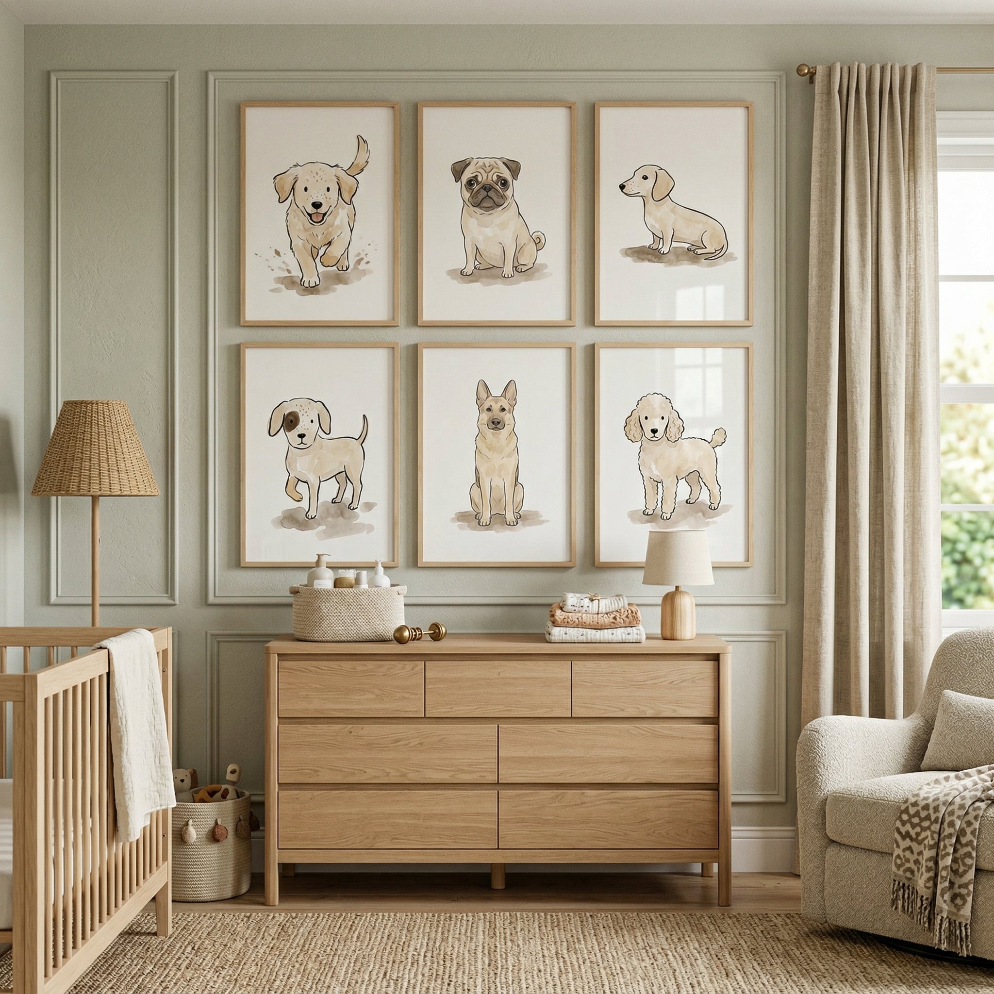 Oatmeal Watercolor Puppy Wall Art Set of 6 - Cute Puppy Collection