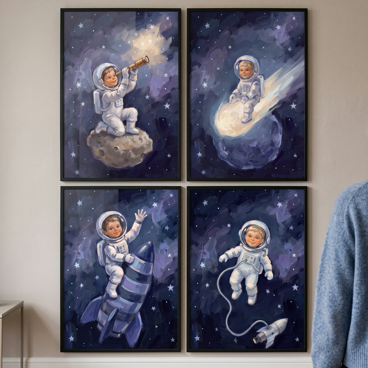 Obsidian night child astronaut wall art set of 4 shows a young explorer on a rocket, comet, asteroid, and in space.