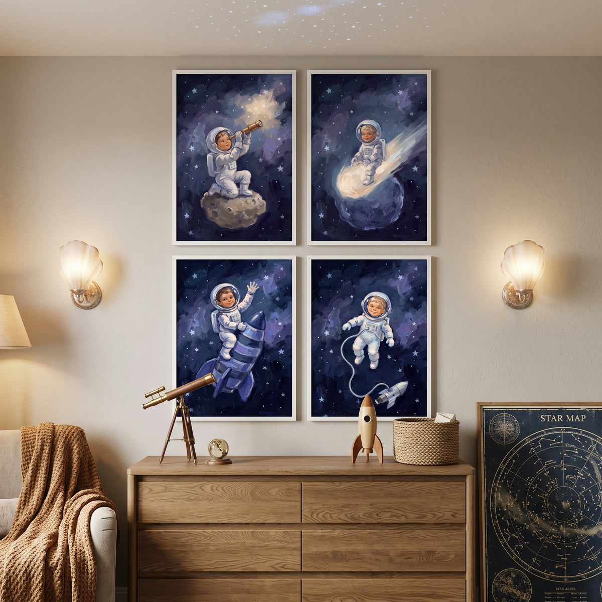 Obsidian Night Child Astronaut Wall Art Set of 4 - Cosmic Baby Adventures