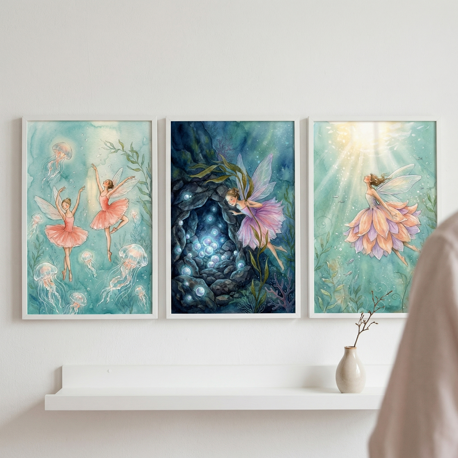 Three framed vertical illustrations are displayed in a row on a white wall. The artwork is done in a soft, whimsical watercolor style featuring winged fantasy figures. 

In the left piece, two small winged figures in pink tutu-like dresses float in a pale blue environment alongside ethereal jellyfish. The middle illustration shows a single winged figure in a light purple dress flying past a dark, rocky opening filled with glowing blue orbs. 