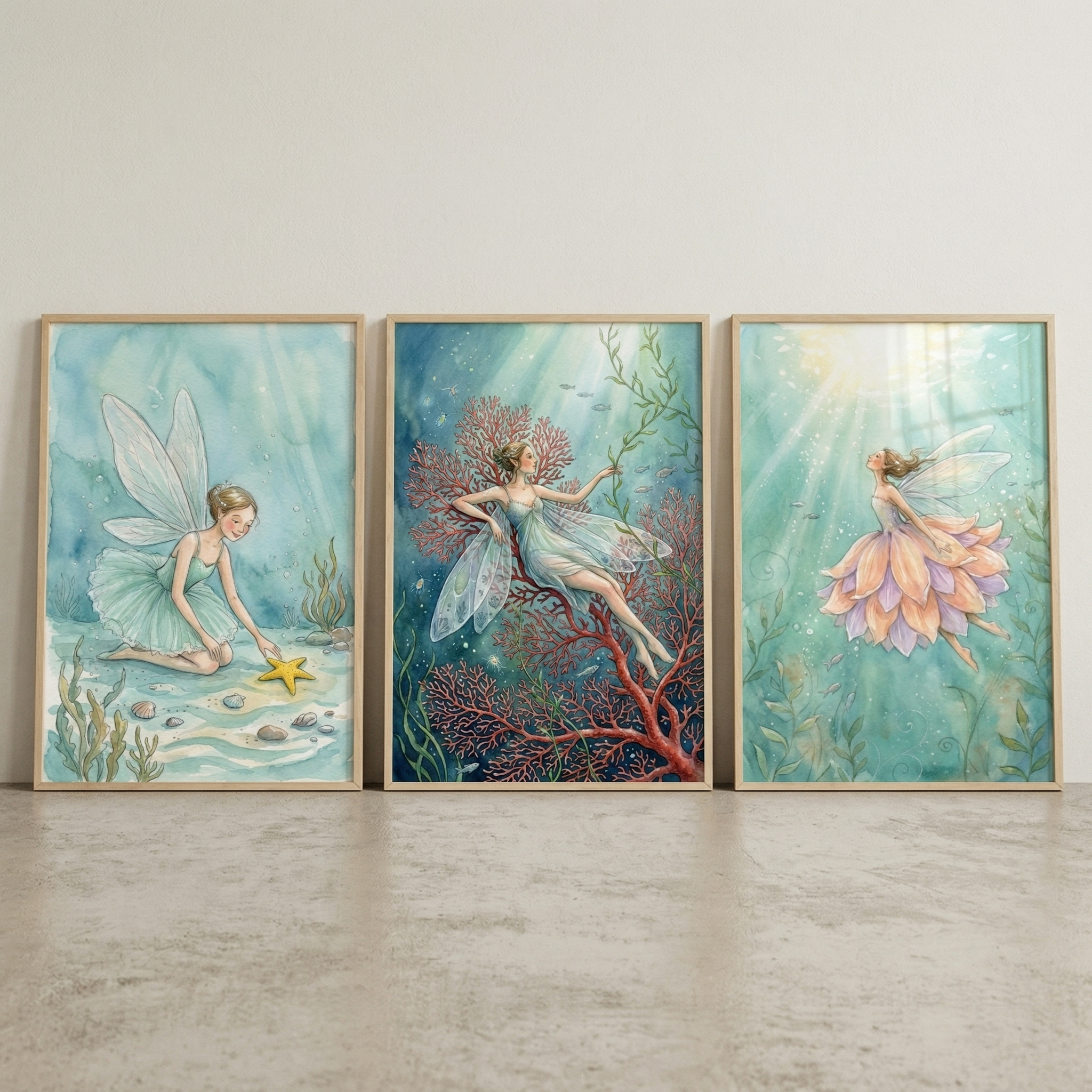 Ocean Fairies Wall Art Set of 3 - Ethereal Sea Fairies