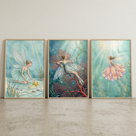 Three framed illustrations with a whimsical watercolor aesthetic are displayed side-by-side on a neutral wall. Each piece features a delicate fairy in an underwater setting. In the first, a fairy with translucent wings and a pale blue dress kneels on a sandy seabed next to a bright yellow starfish. The central artwork shows a fairy perched on vibrant red coral reaching for a green vine. The third depicts a fairy with a layered petal skirt swimming upward toward beams of sunlight.