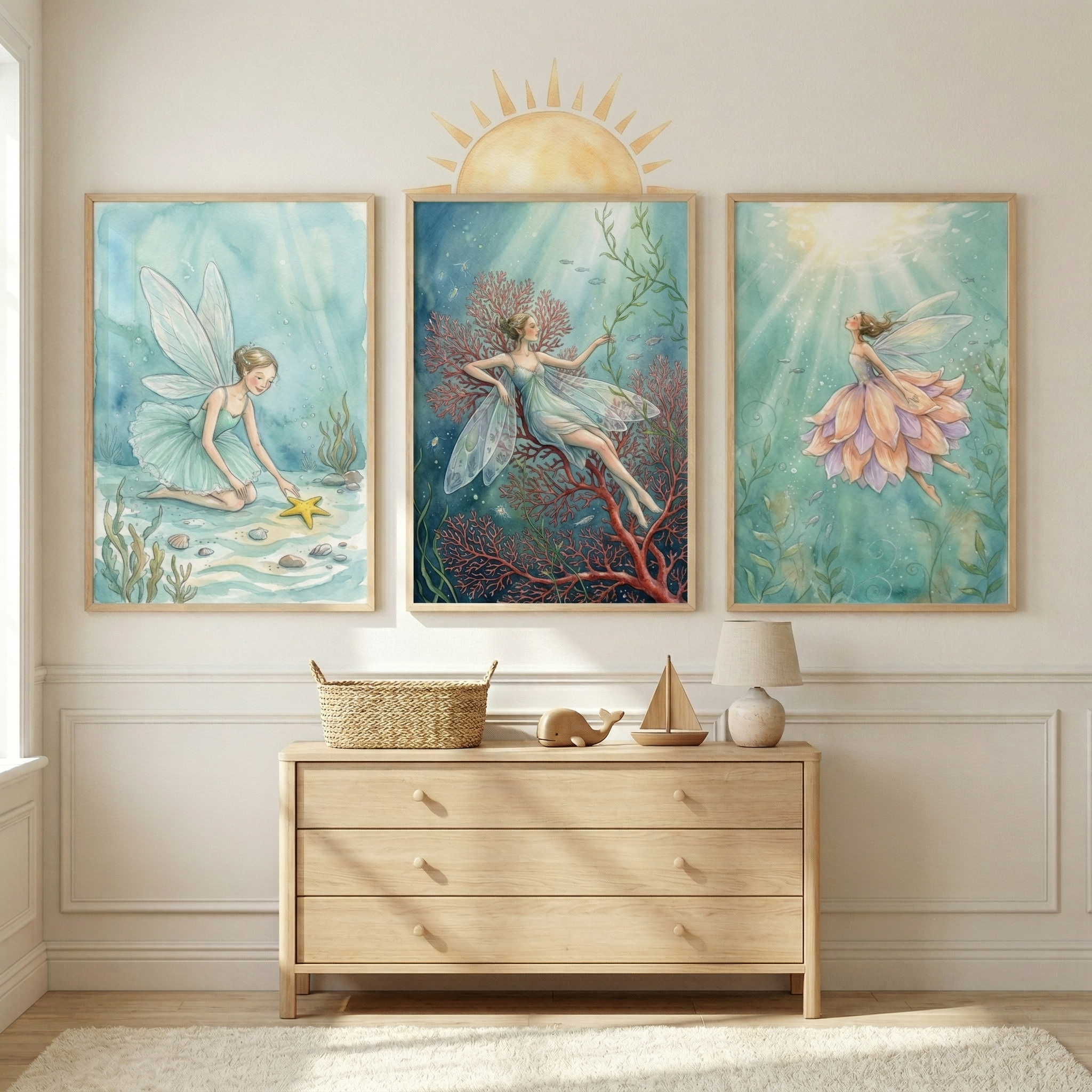 Ocean Fairies Wall Art Set of 3 - Ethereal Sea Fairies