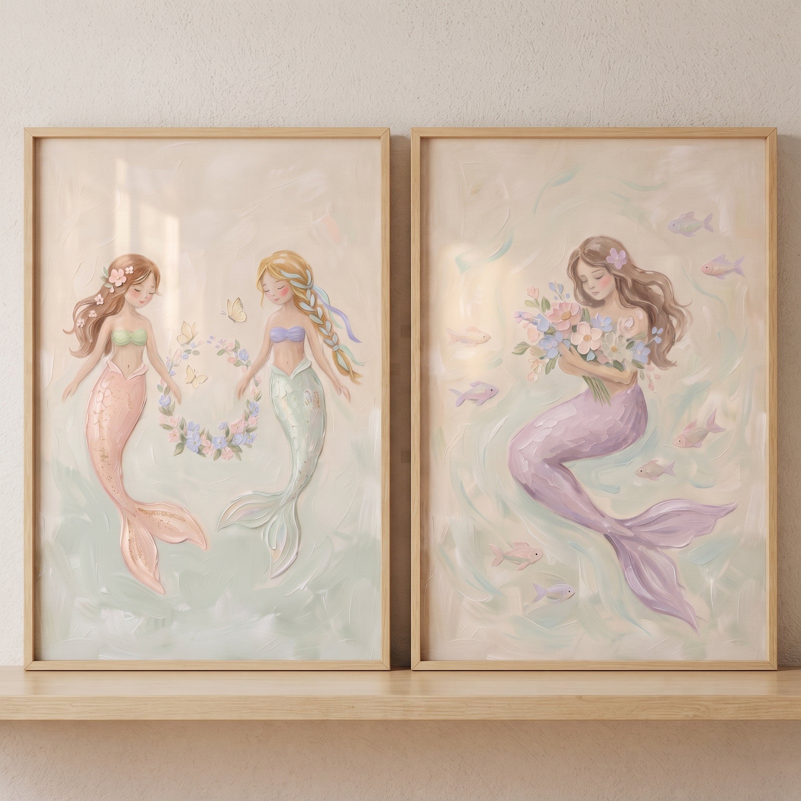 Ocean garden pastel mermaid wall art set of 2 featuring whimsical mermaids with flowers, wreaths, and swimming fish.