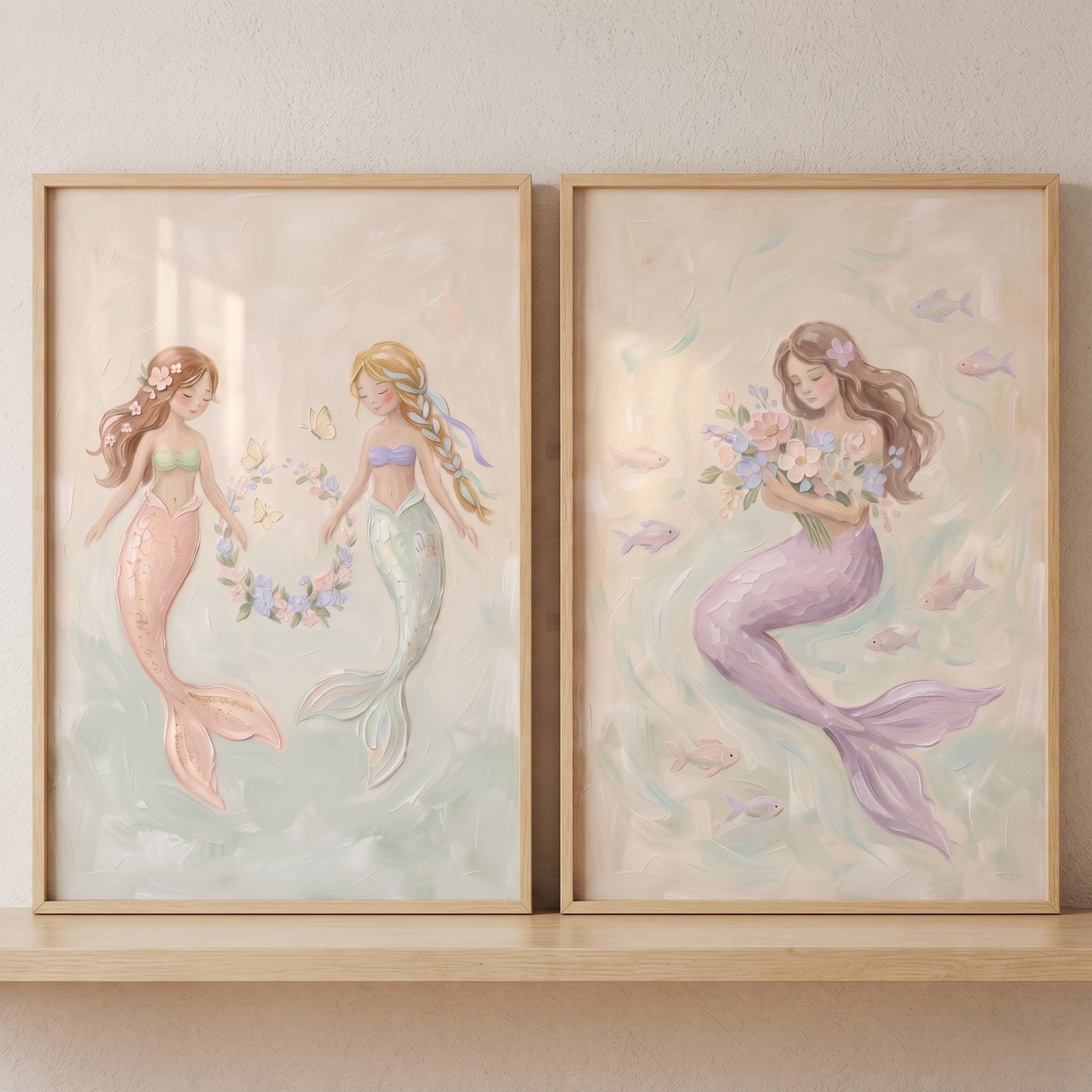 Ocean Garden Pastel Mermaid Wall Art Set of 2 - Enchanted Ocean Whimsy