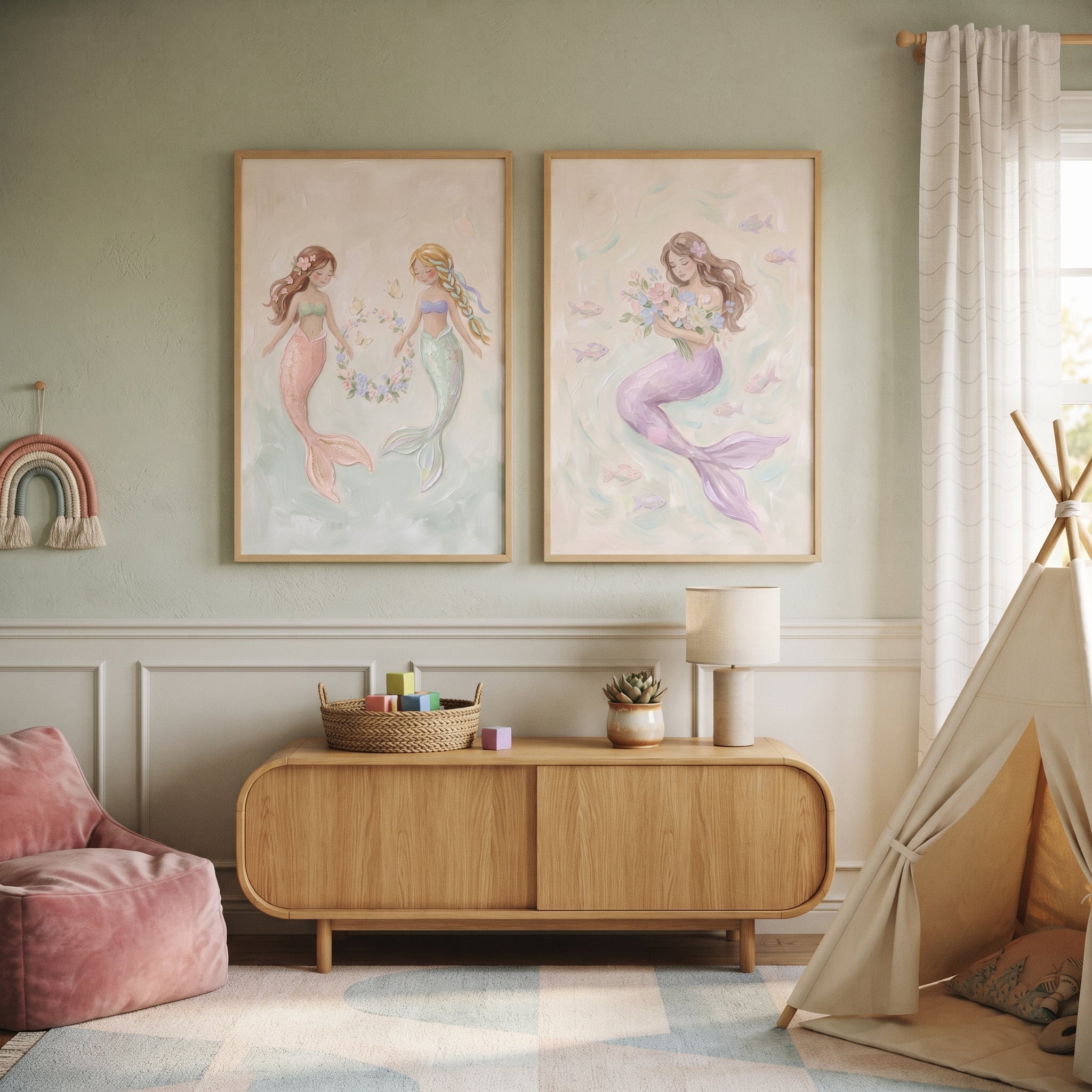 Ocean Garden Pastel Mermaid Wall Art Set of 2 - Enchanted Ocean Whimsy