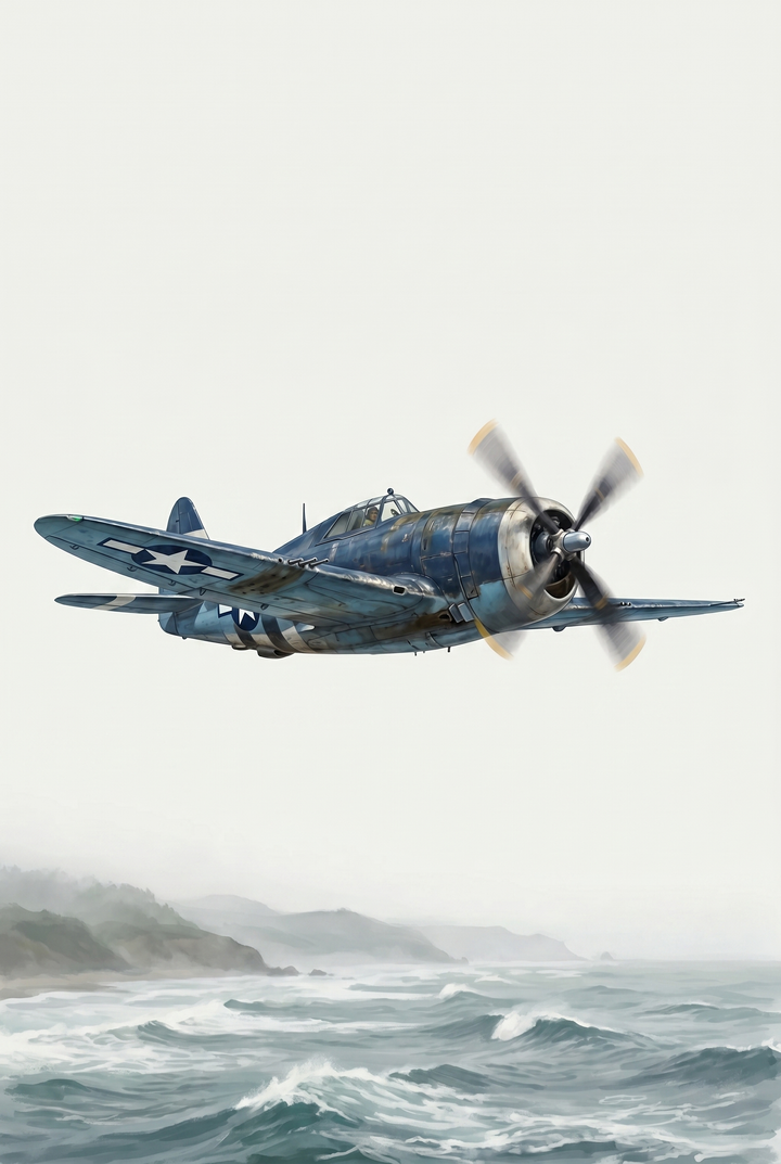 Blue vintage propeller plane flies over a misty coastline and crashing waves, ocean navy warbird wall art.