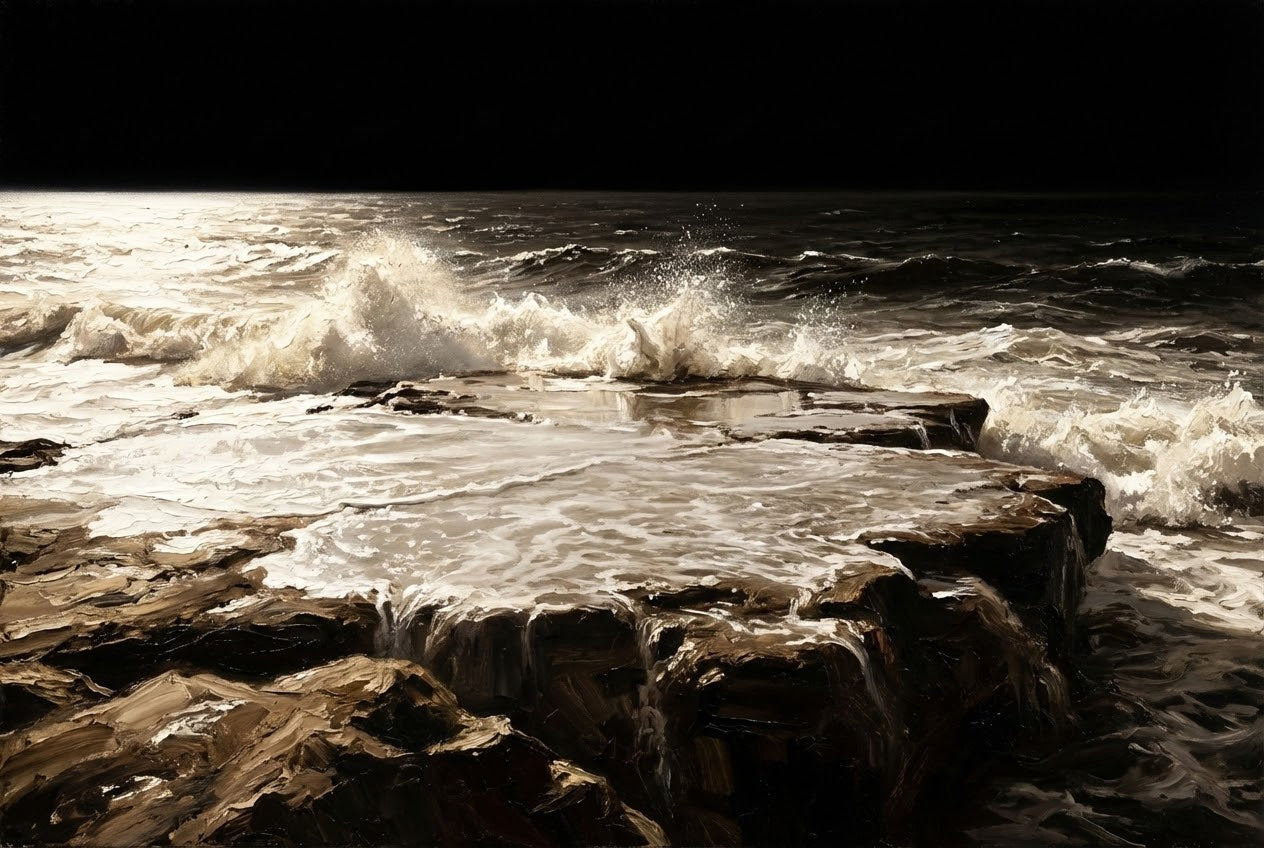 A hyper-realistic painting of ocean waves crashing over a flat rock formation, with foamy white water cascading off the edges into the sea. The dark horizon contrasts with the illuminated, turbulent surface, capturing the dramatic power of the ocean.