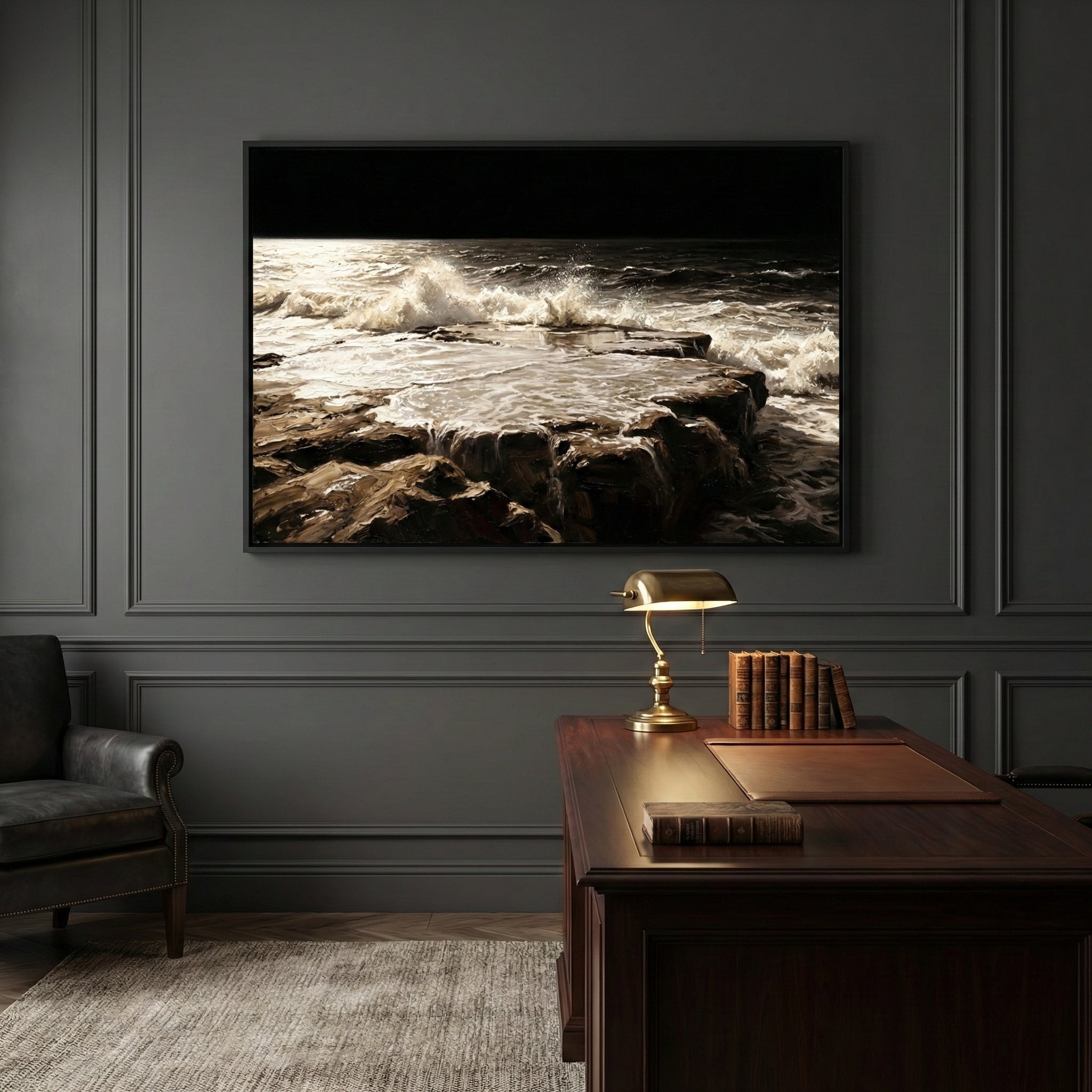 A large seascape painting featuring crashing ocean waves and a rocky shoreline, hung in a moody, dark-paneled study with a classic wood desk and brass reading lamp. The ocean scene adds a dramatic focal point to the sophisticated space.