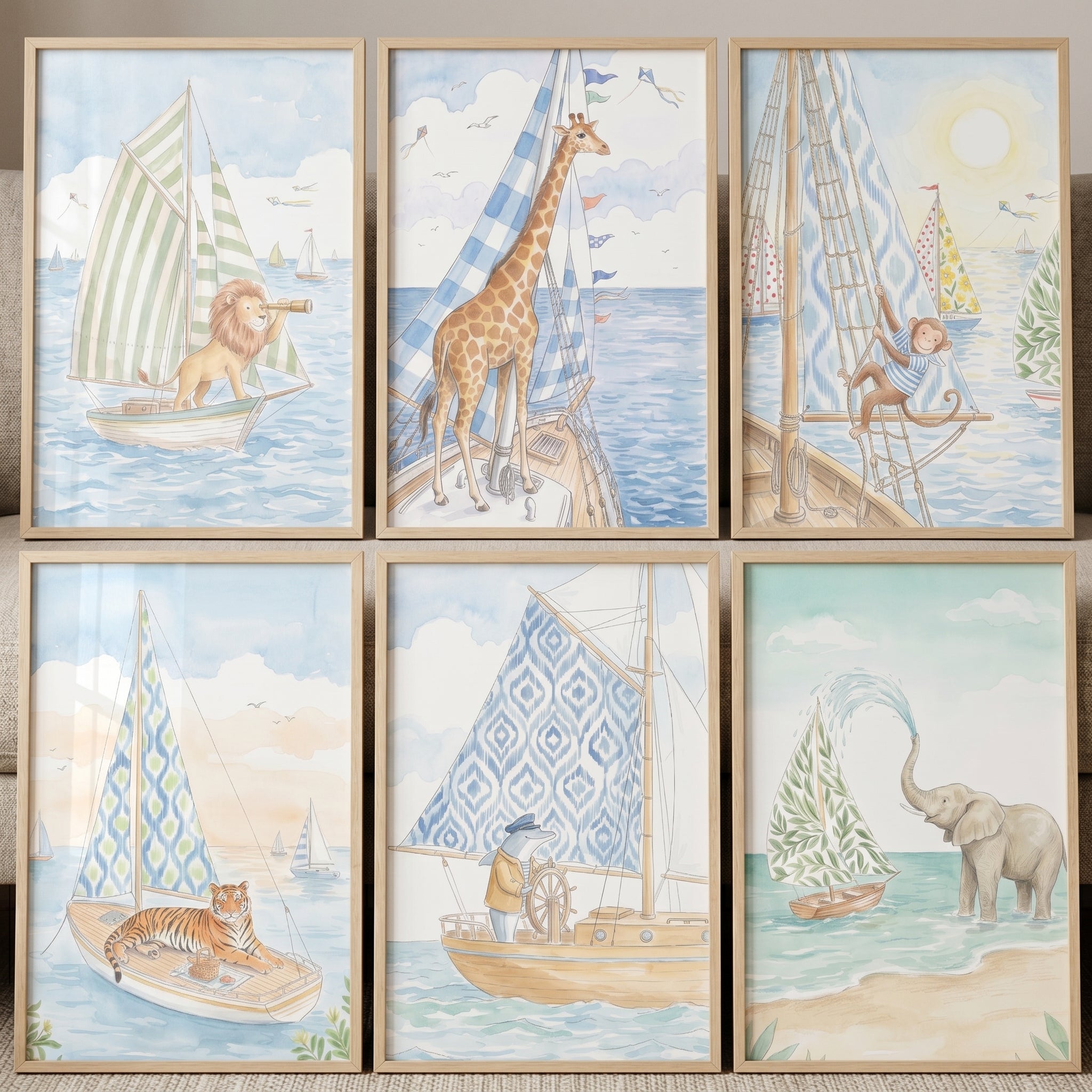 Ocean Themed Sailing Animals Wall Art Set of 6 - Nautical Animal Friends