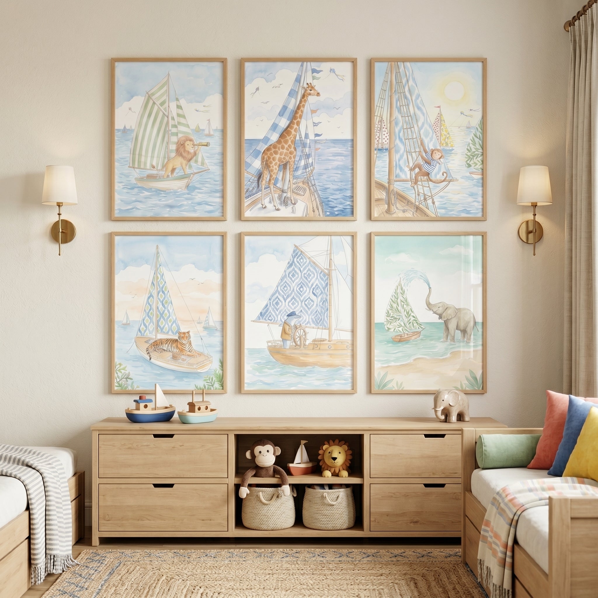 Ocean Themed Sailing Animals Wall Art Set of 6 - Nautical Animal Friends