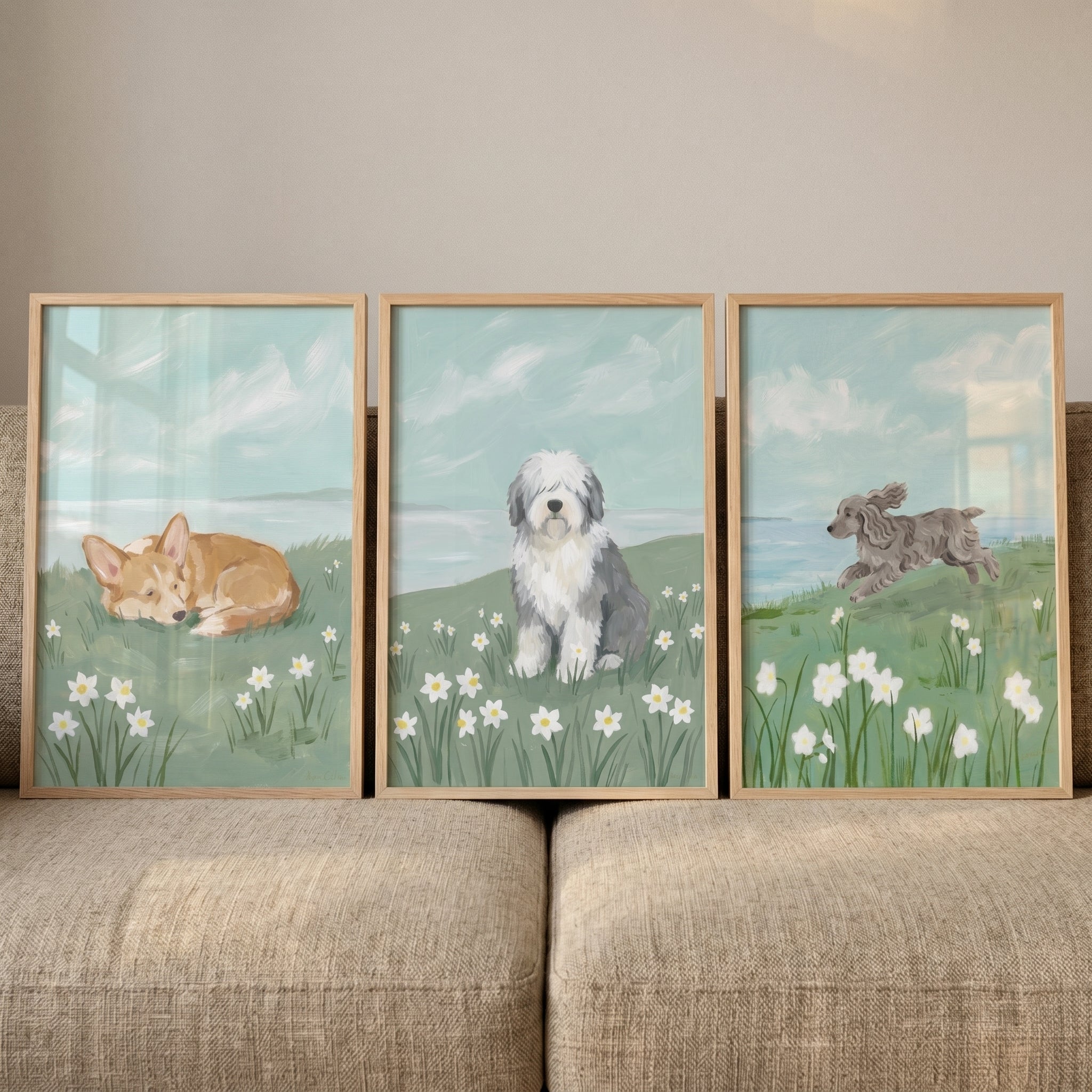 Ocean View Meadow Dogs Wall Art Set of 3 - Springtime Dog Trio